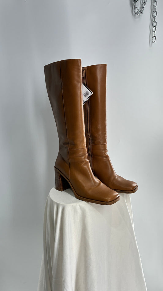 Vintage Strive Genuine Leather Square Toe Knee High Boots with Chunky Block Heel Made in Uruguay (9.5)