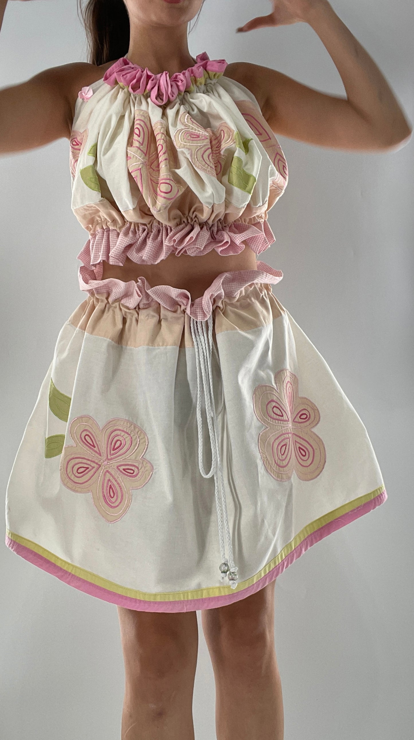 Vintage Flower Girl Set with Embroidered Floral Patches and Glass Bead Drawstrings (ONE SIZE)