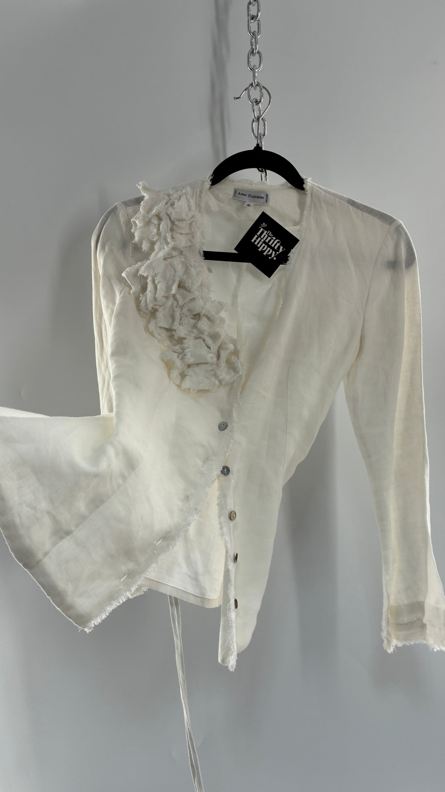 Vintage ANNE FONTAINE Off White Linen Woven Button Up Blouse with Back Corseting, Pearlescent Shell Buttons, and Rosette Details (36)