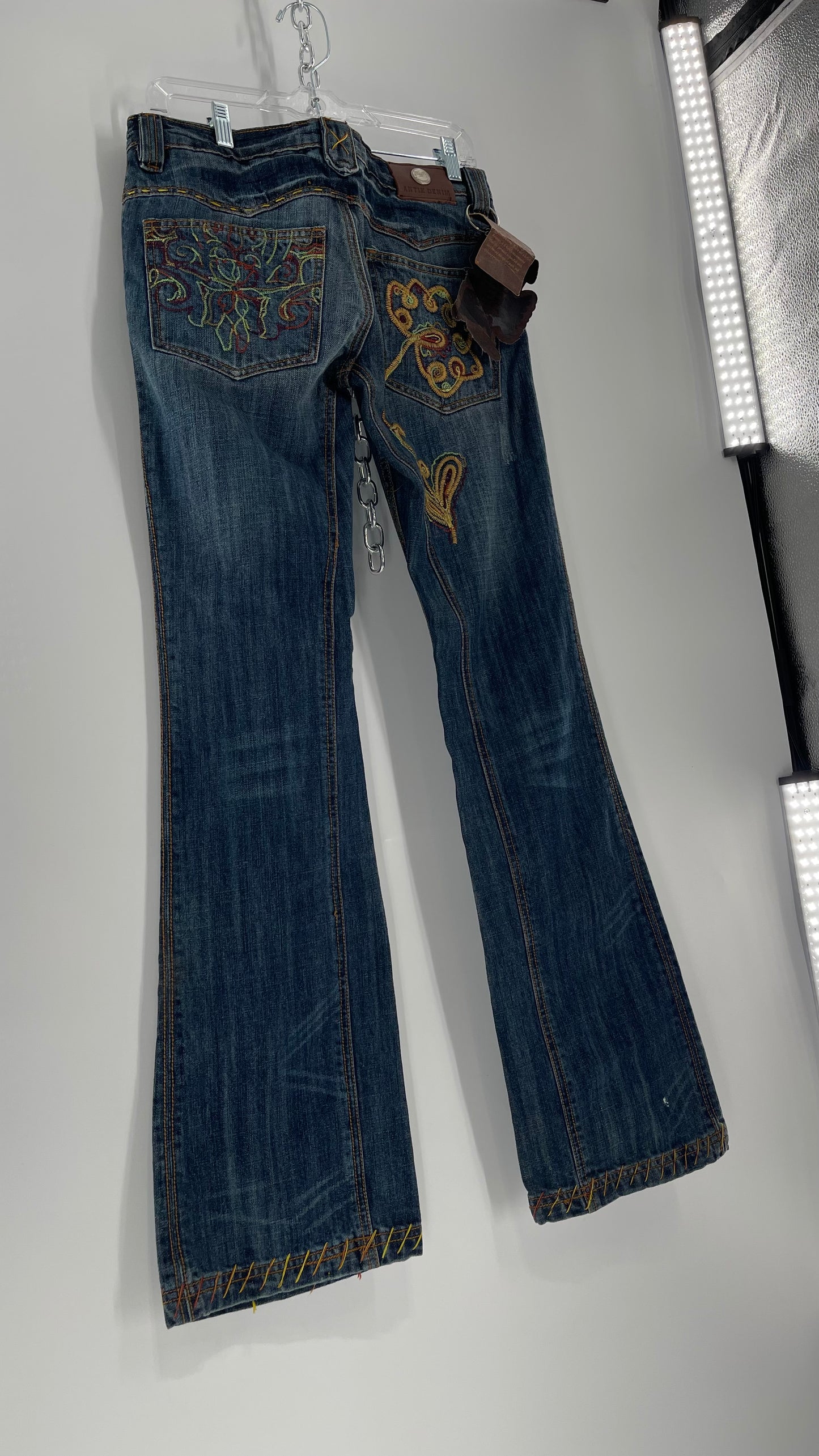 Vintage RARE Antik Denim Kick Flares with Embroidered Flower Design and Contrast Stitching (28)