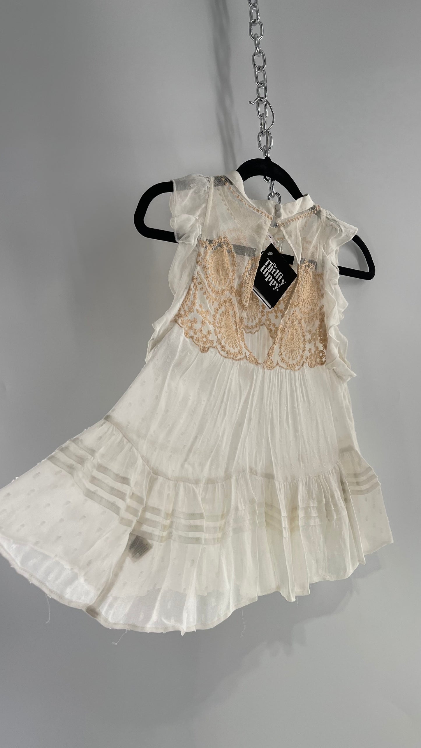 Free People Delicate,Romantic Feminine Sleeveless Blouse with Pleating, Embroidery and Keyhole Back (XS)