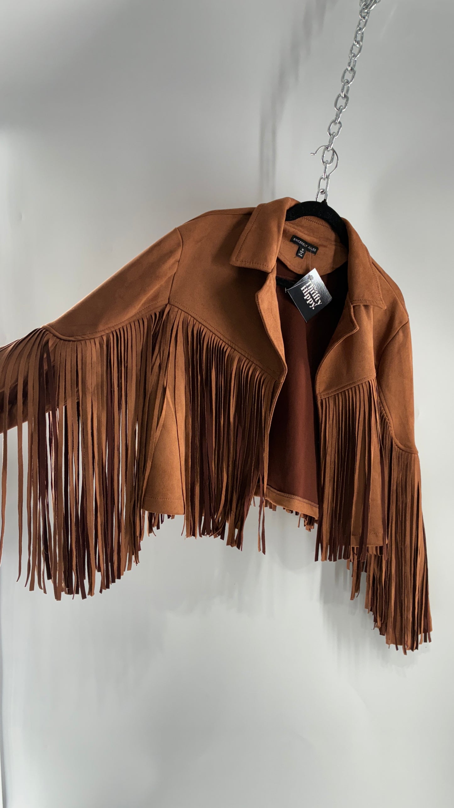 SINCERELY JULES Brown Vegan Suede Cropped Fringe Jacket (Medium)