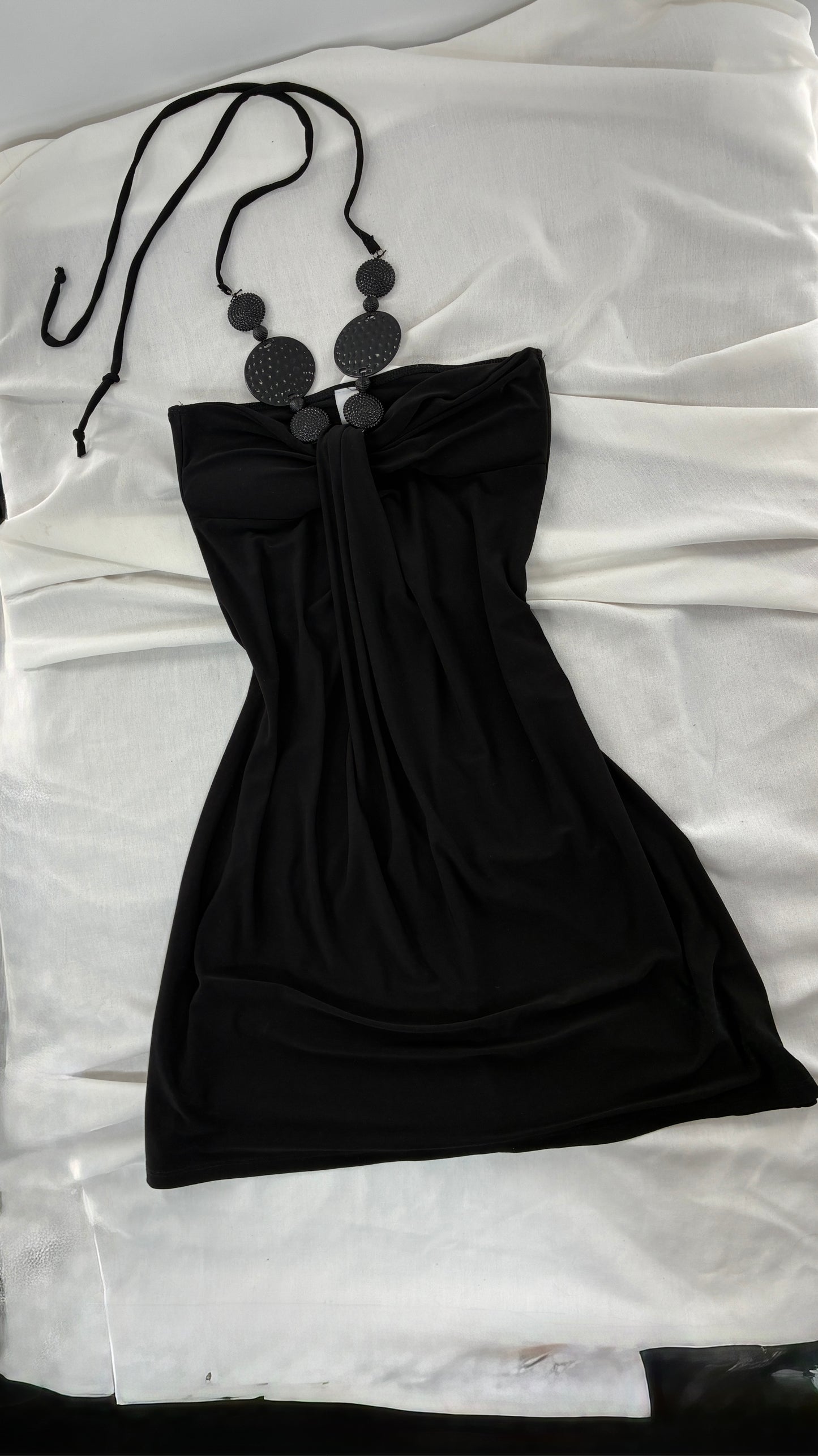 Vintage C.GRAFFITTI Black Mini Dress with Beaded Halter Detail (Small)