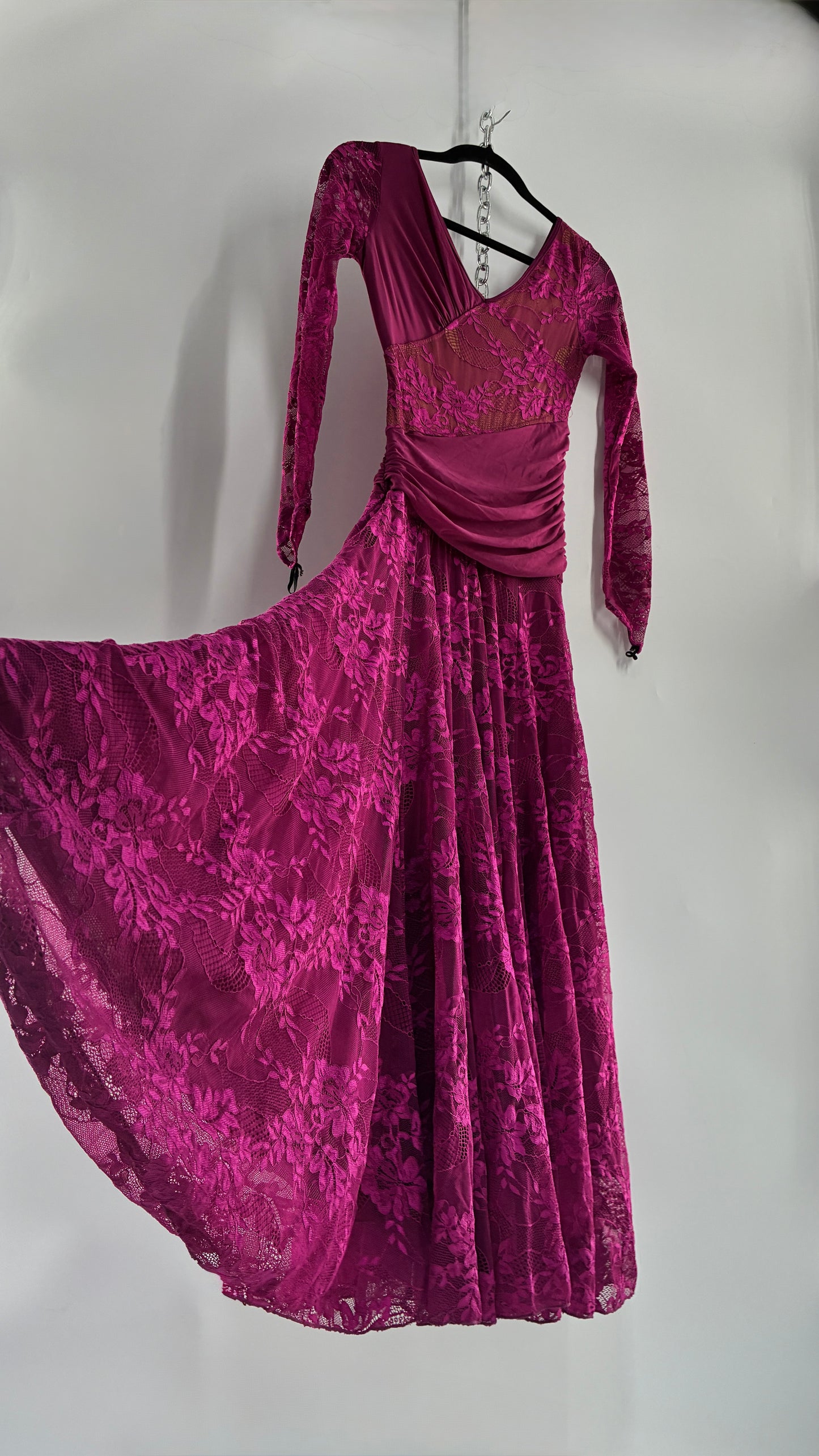 Vintage Fuchsia Flamenco, Lace and Mesh Paneled Gown with Gloved Hand Detail (Small)