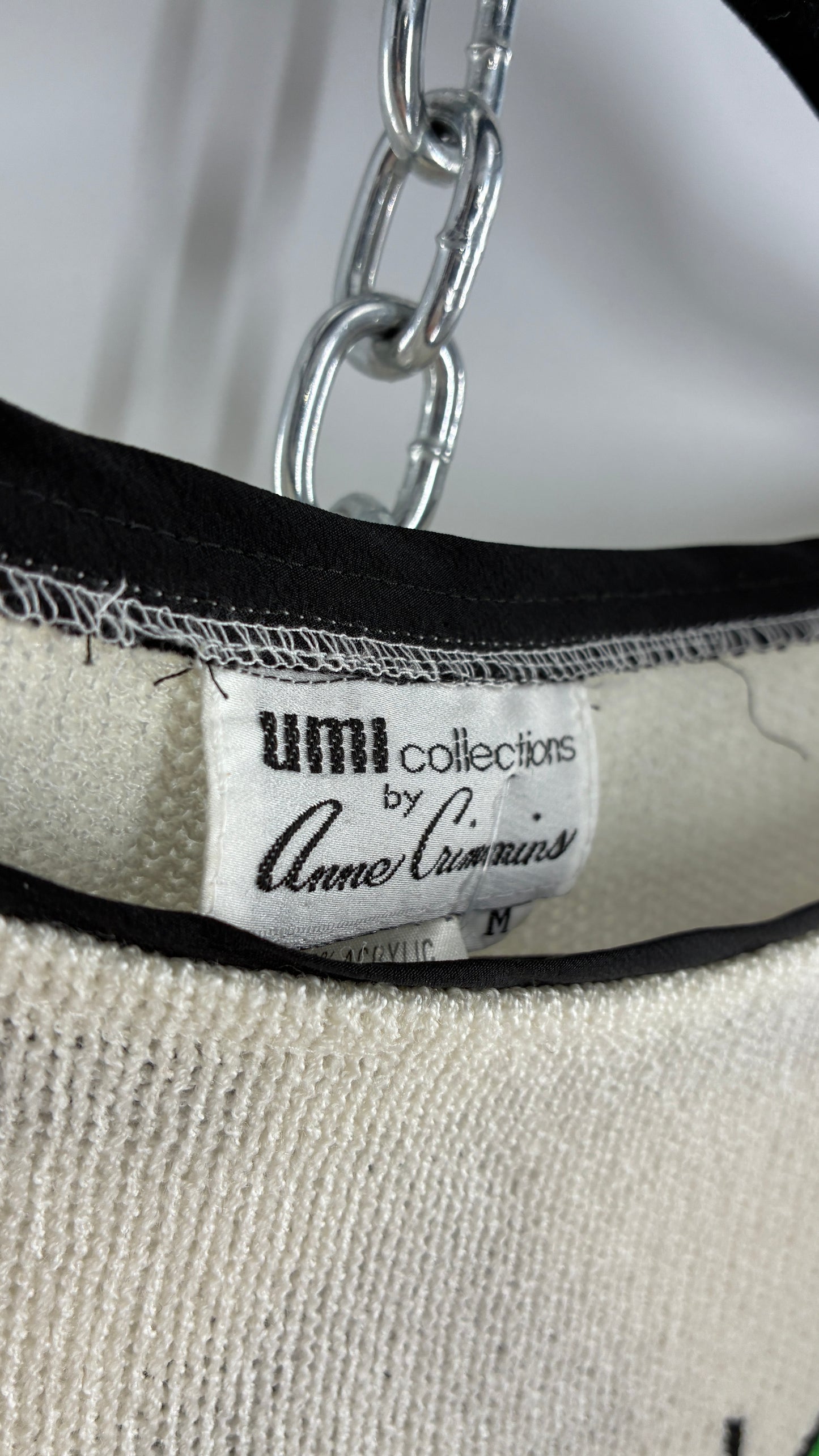 Vintage 1980s UMI collections by Anne Crimmins Off White 2 Piece Set with Abstract Embroidered Designs and 100% Silk Polka Dot Print Skirt (Medium Sweater, 8 Skirt)