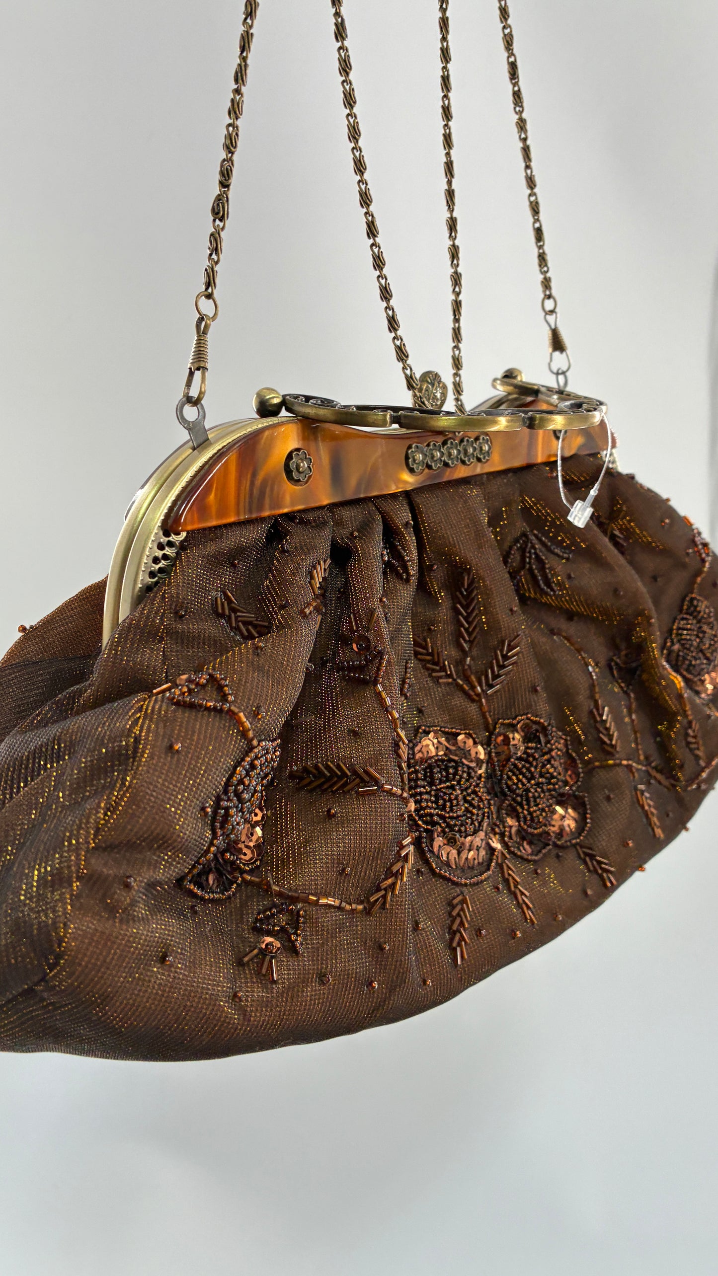 Vintage Brown Beaded and Sequin Purse with Bronze Metal Closure and Iridescent Fabric