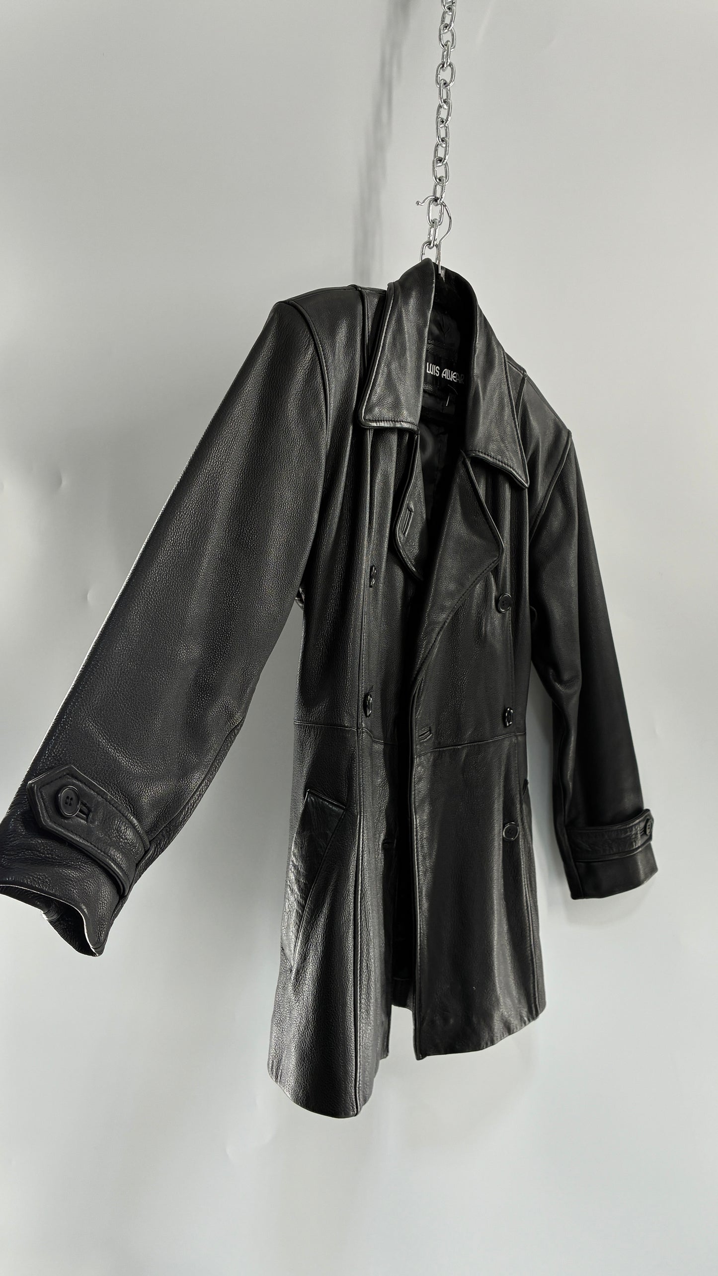 Vintage LUIS ALVEAR Thick Genuine Leather Black Trench Style Jacket (XS)