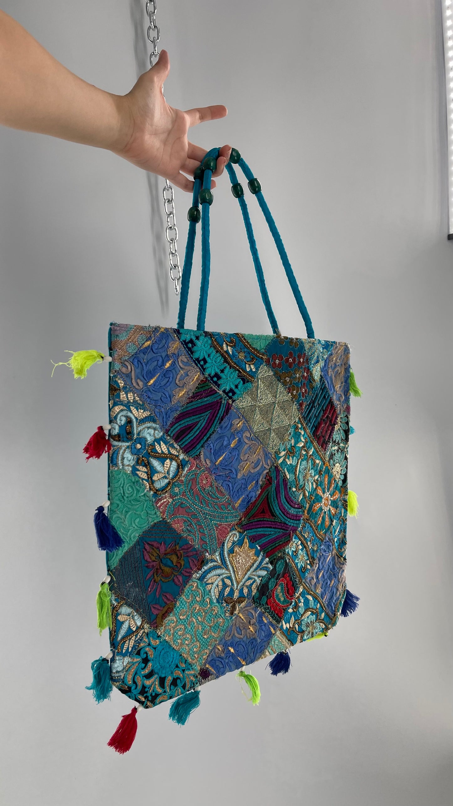 Imported Blue Patchwork Tote from Brazil with Tassel Detailing