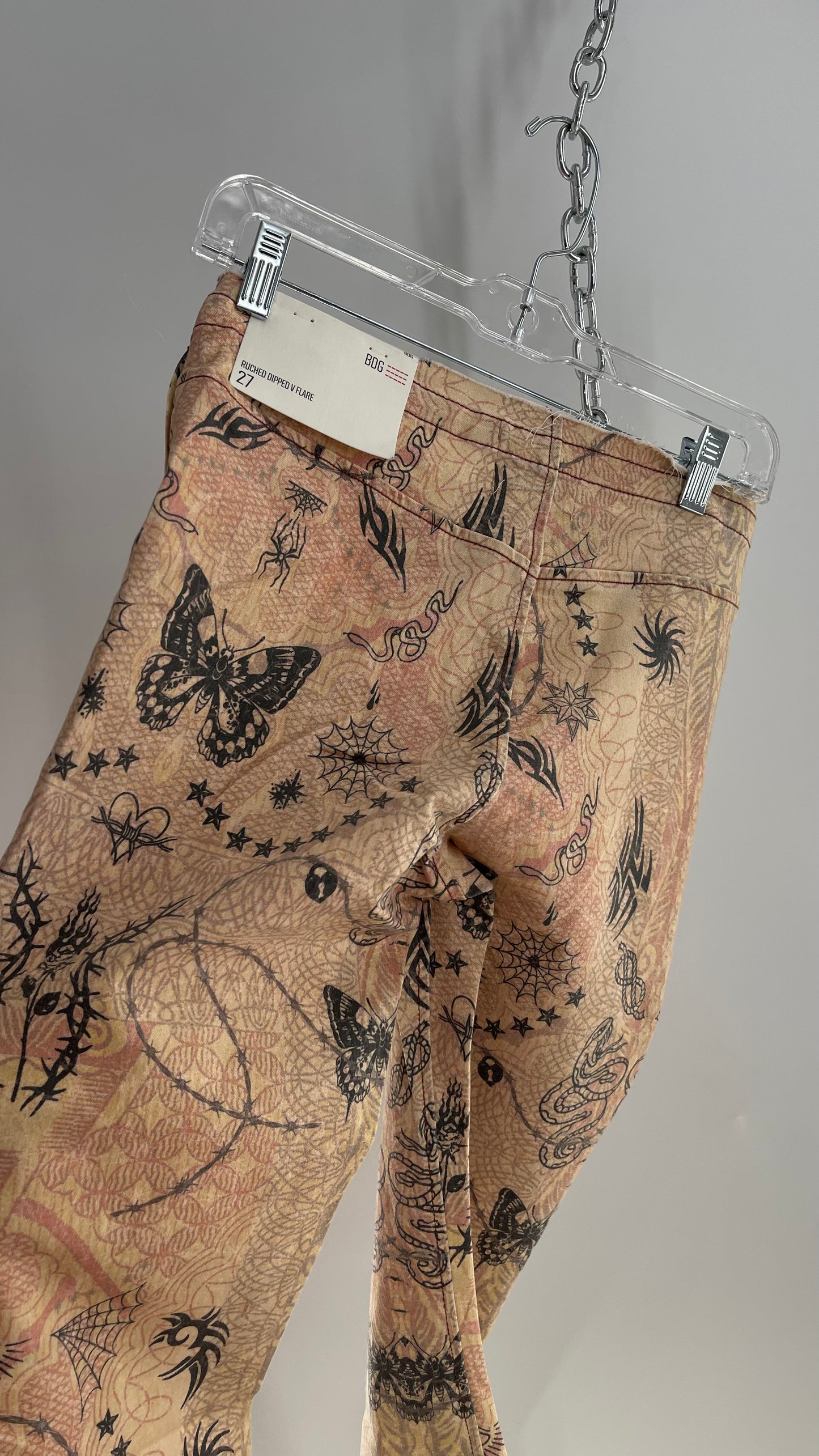 BDG Tan Flare Scrunch Front Flared Bell Bottoms with Tattoo Graphics and Tags Attached (27)