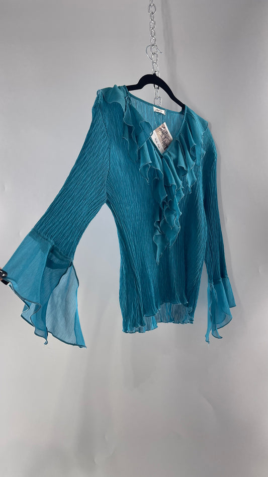 Vintage Jaipur Blue Crimped Blouse with Sheer Handkerchief Cuffs and Ruffled Neckline (Medium)