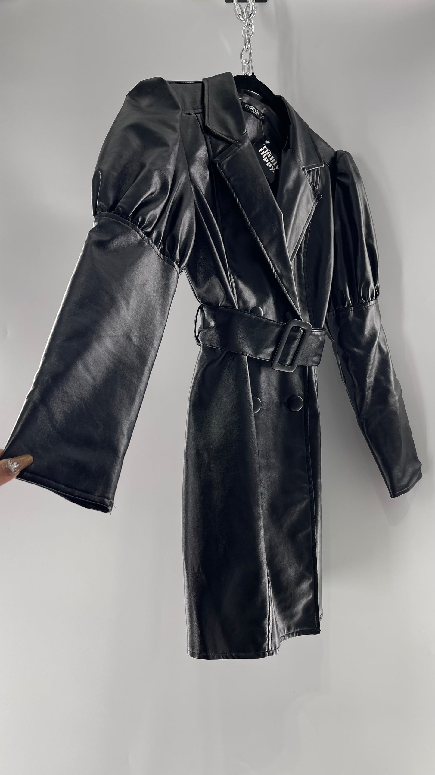 NASTYGAL Black Patent Pleather Puff Shoulder Belted Trench Coat (C)(6)