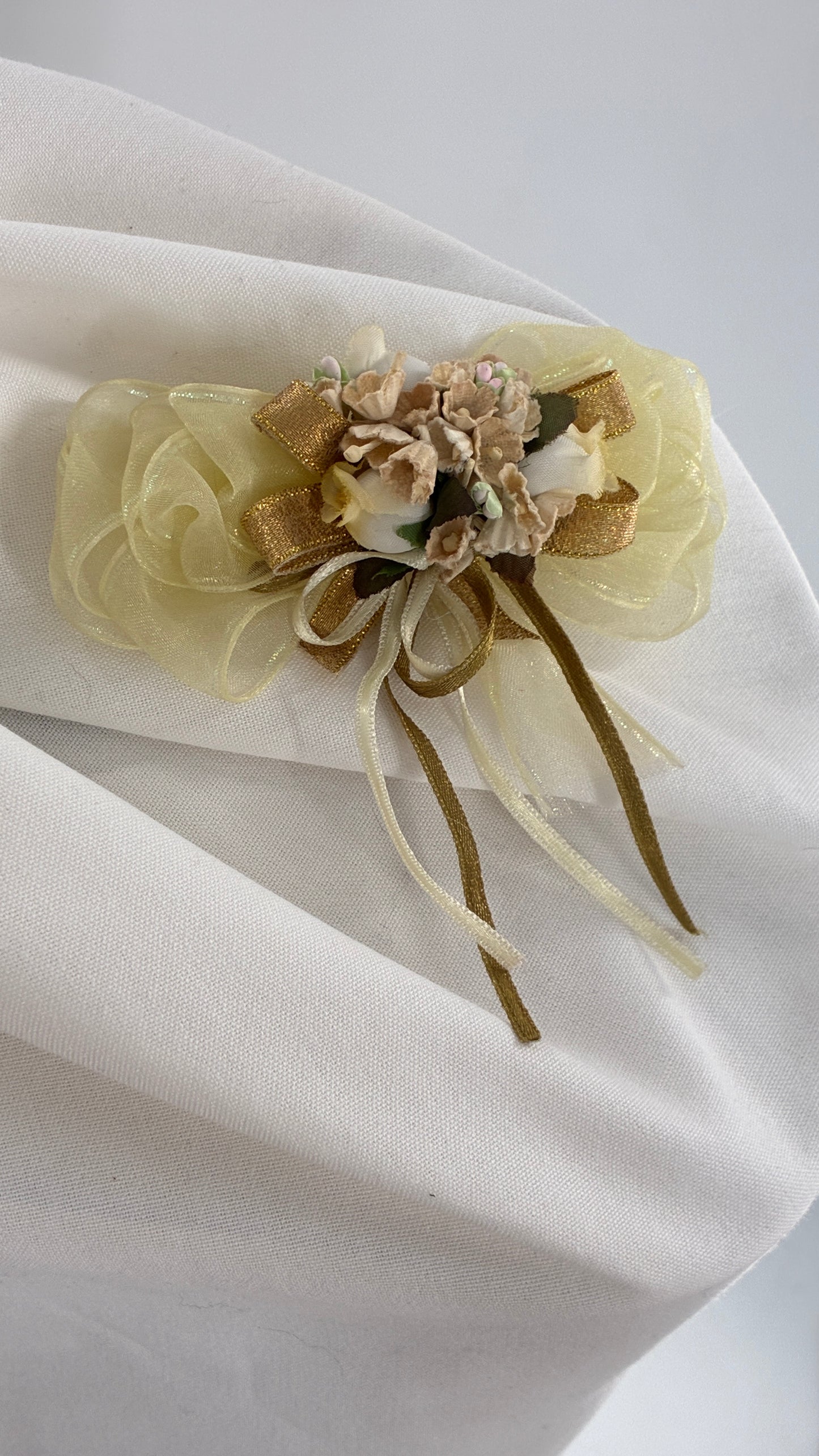 Vintage Baby Yellow Bow Pin Brooch with Ribbon, Handmade fabric flowers and Bows