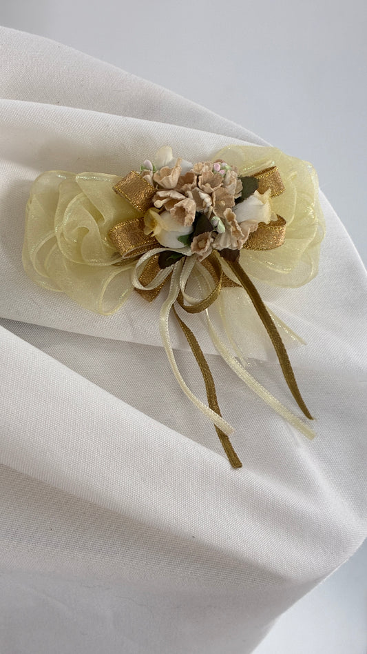 Vintage Baby Yellow Bow Pin Brooch with Ribbon, Handmade fabric flowers and Bows
