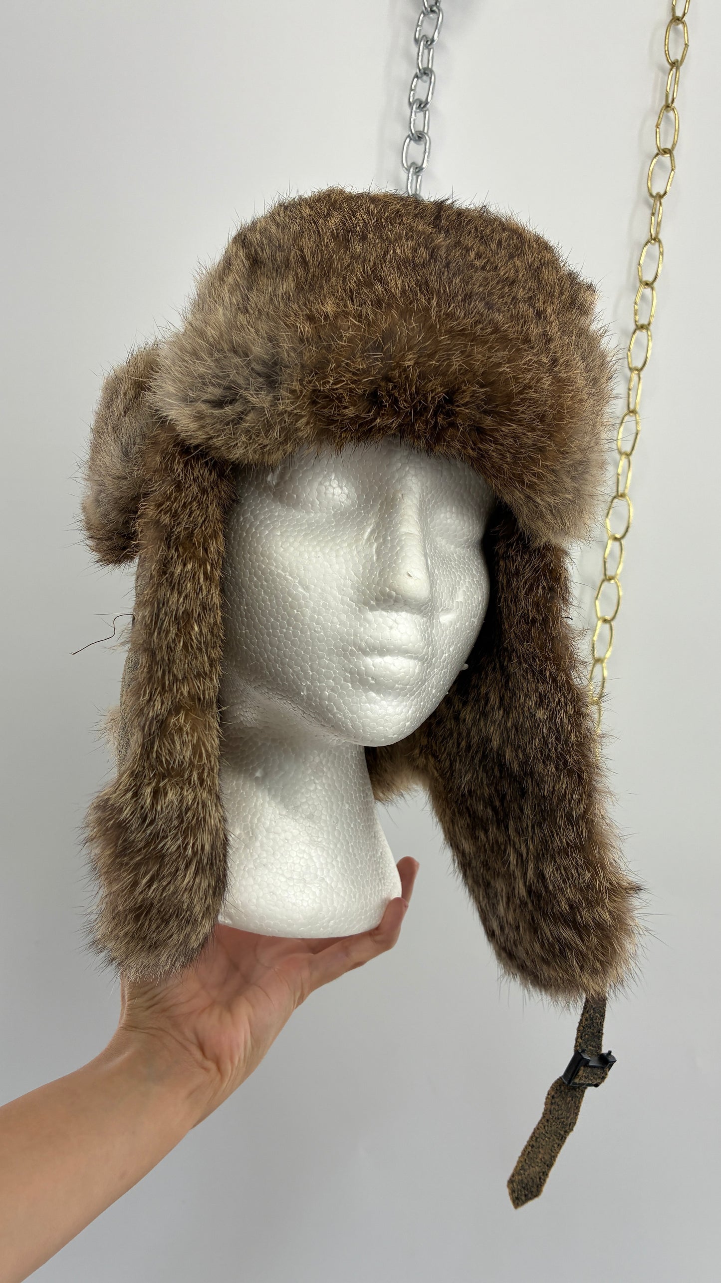 Vintage YUKON CHARLIE Genuine Leather Aviator Trapper Hat with Rabbit Fur Lining