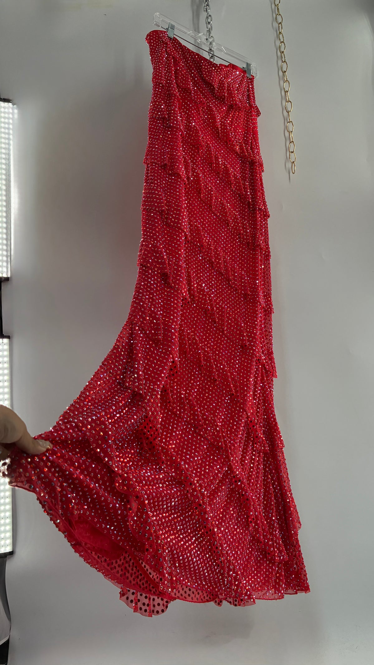 OH POLLY Red Ruffle, Heavy Gown Covered in Iridescent Rhinestones NWOT (14)