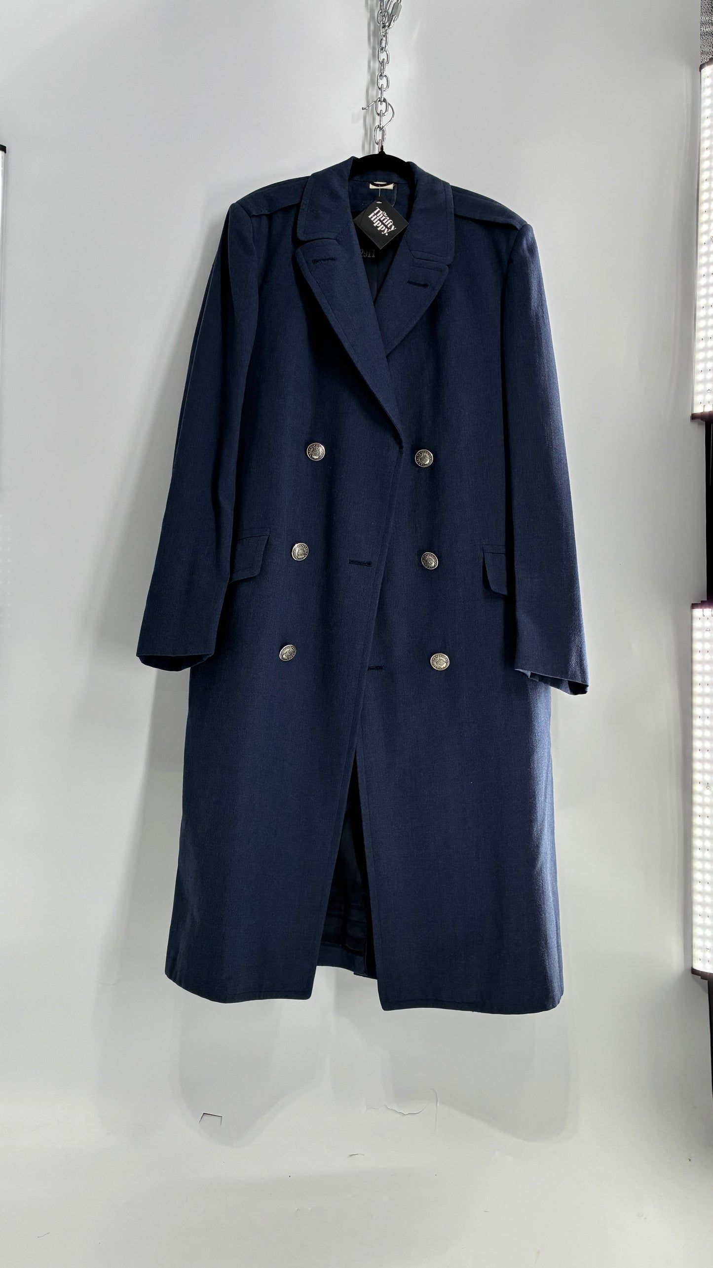 Vintage Military Style Navy Blue Woven Heavy Duty Long Coat
