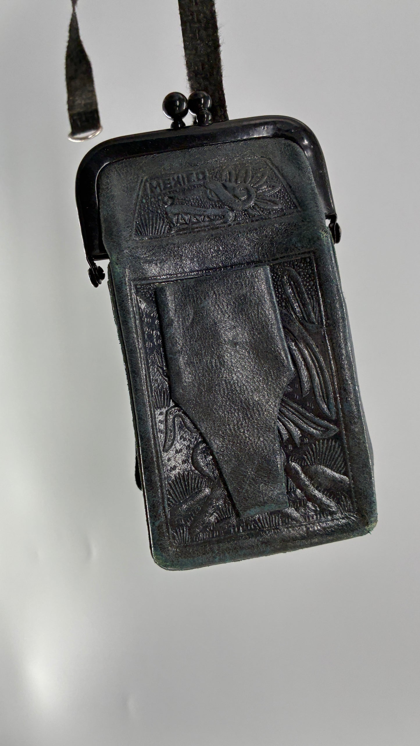 Vintage Mexican Black Engraved Leather Cigarette Pouch with Lighter Holster