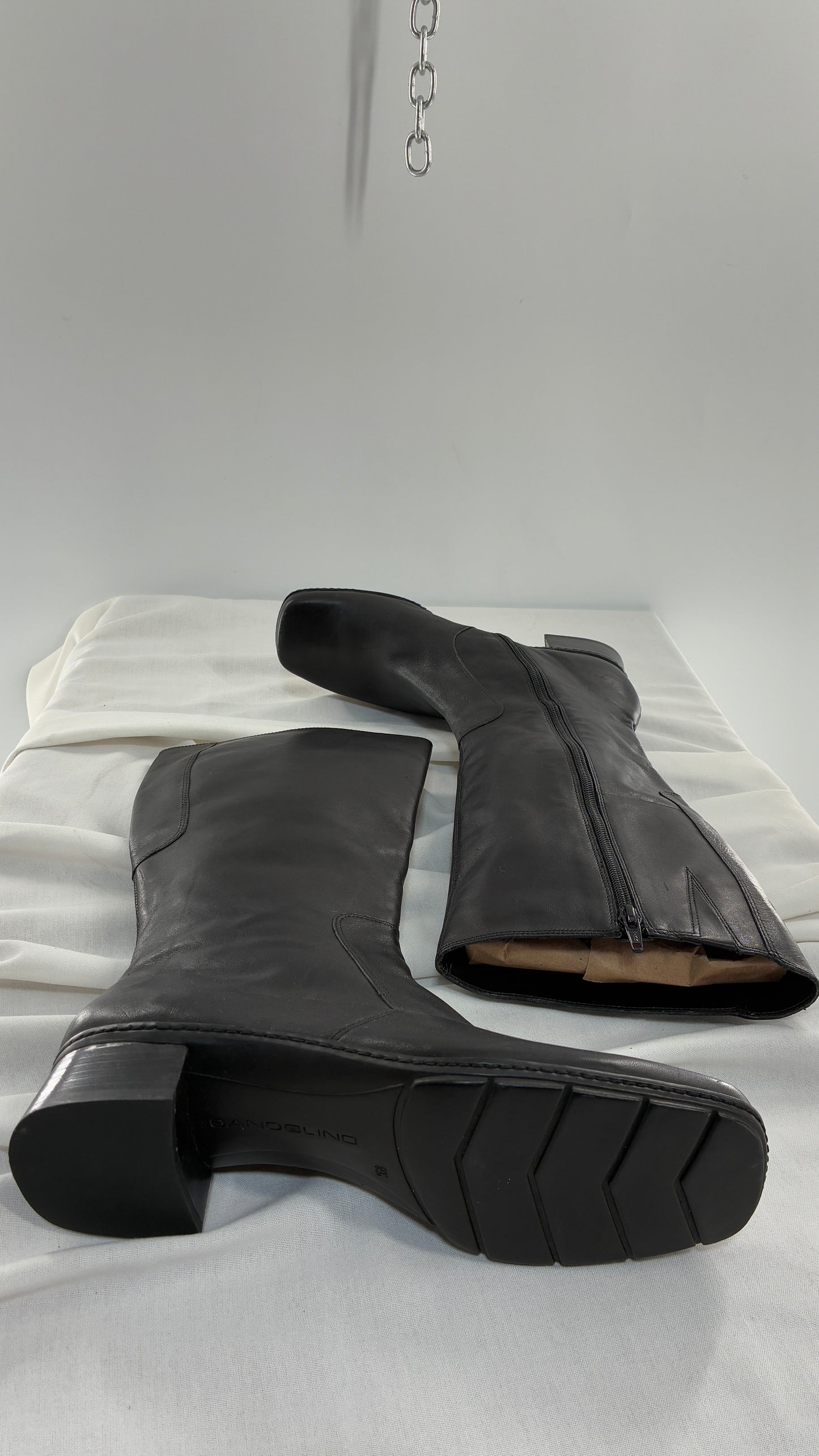 Vintage Bandolino Genuine Leather Black Square Toe Knee High Boots (9.5)