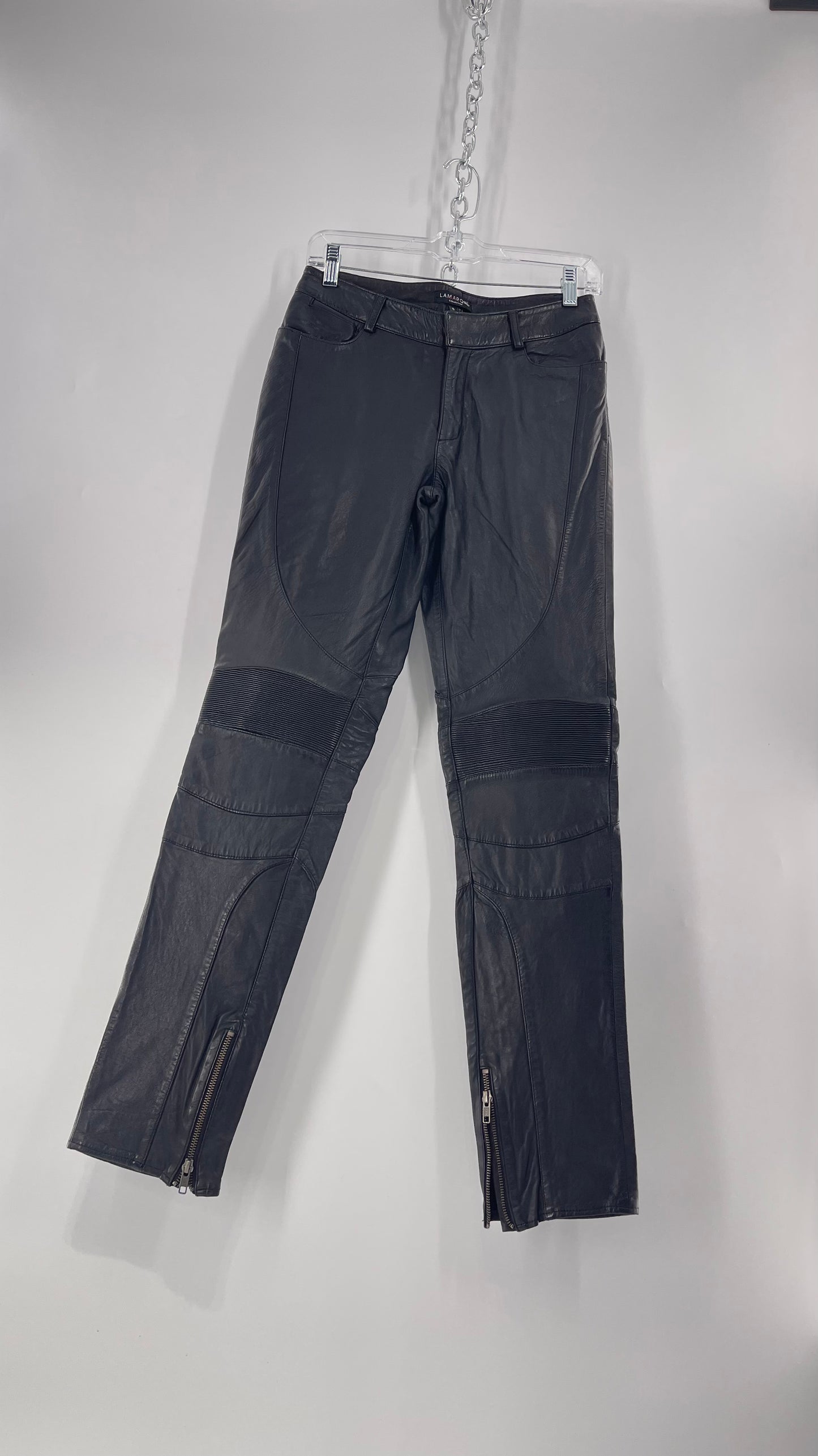 LAMARQUE 1990s Collection Vintage Black Leather Moto Style Pant with Panels, Ribbing and Zipper Details (6)