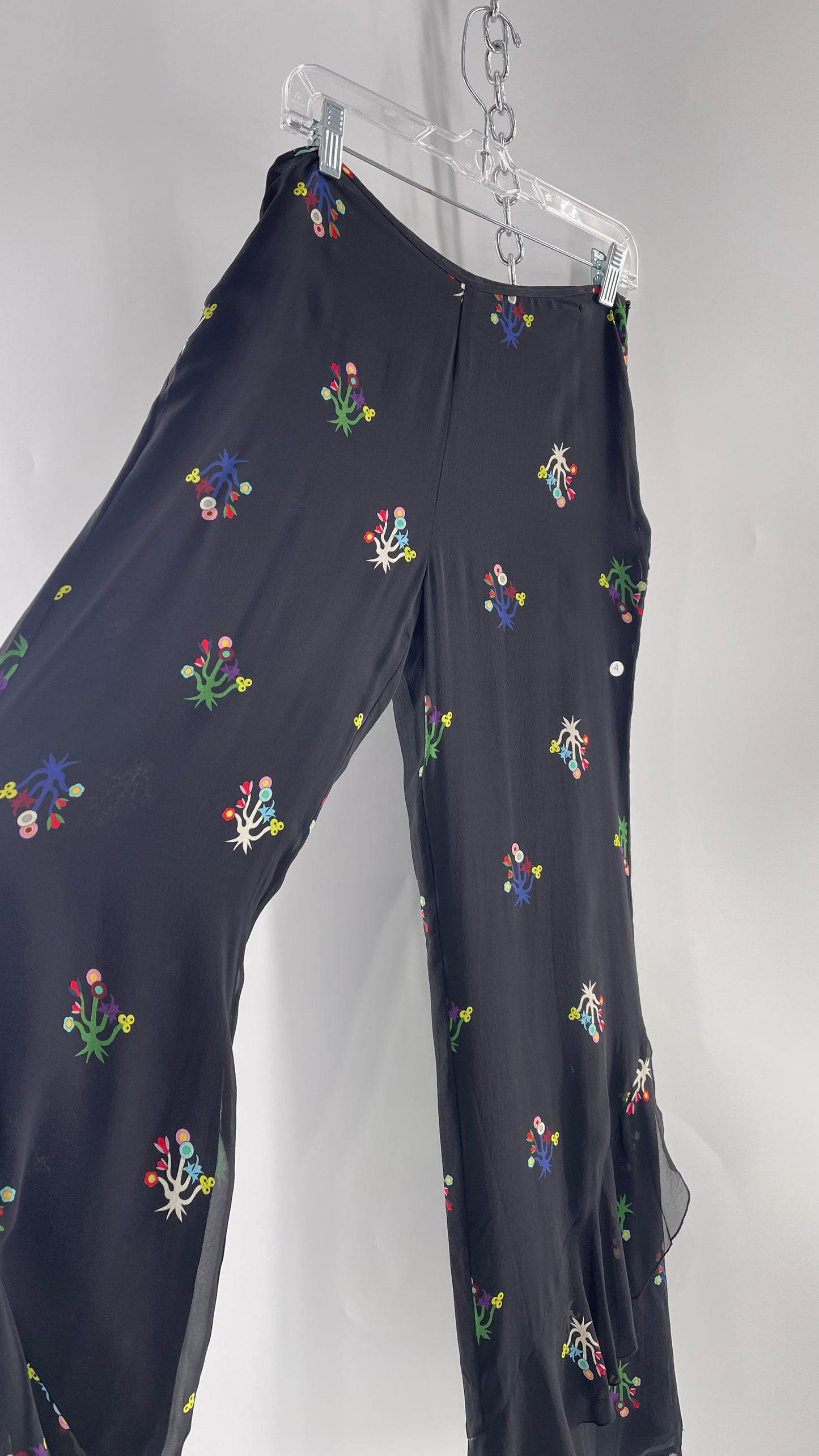 Cynthia Rowley Black Flared Pants with Colorful Abstract Florals, Dual Lining and Ruffle Trim (4)