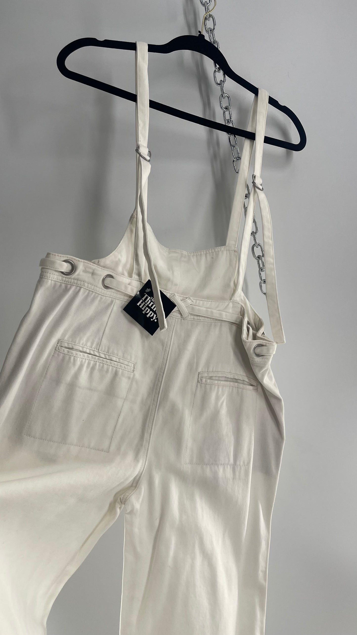 Free People White Denim Jumpsuit with Low Front and Open Back (Small)