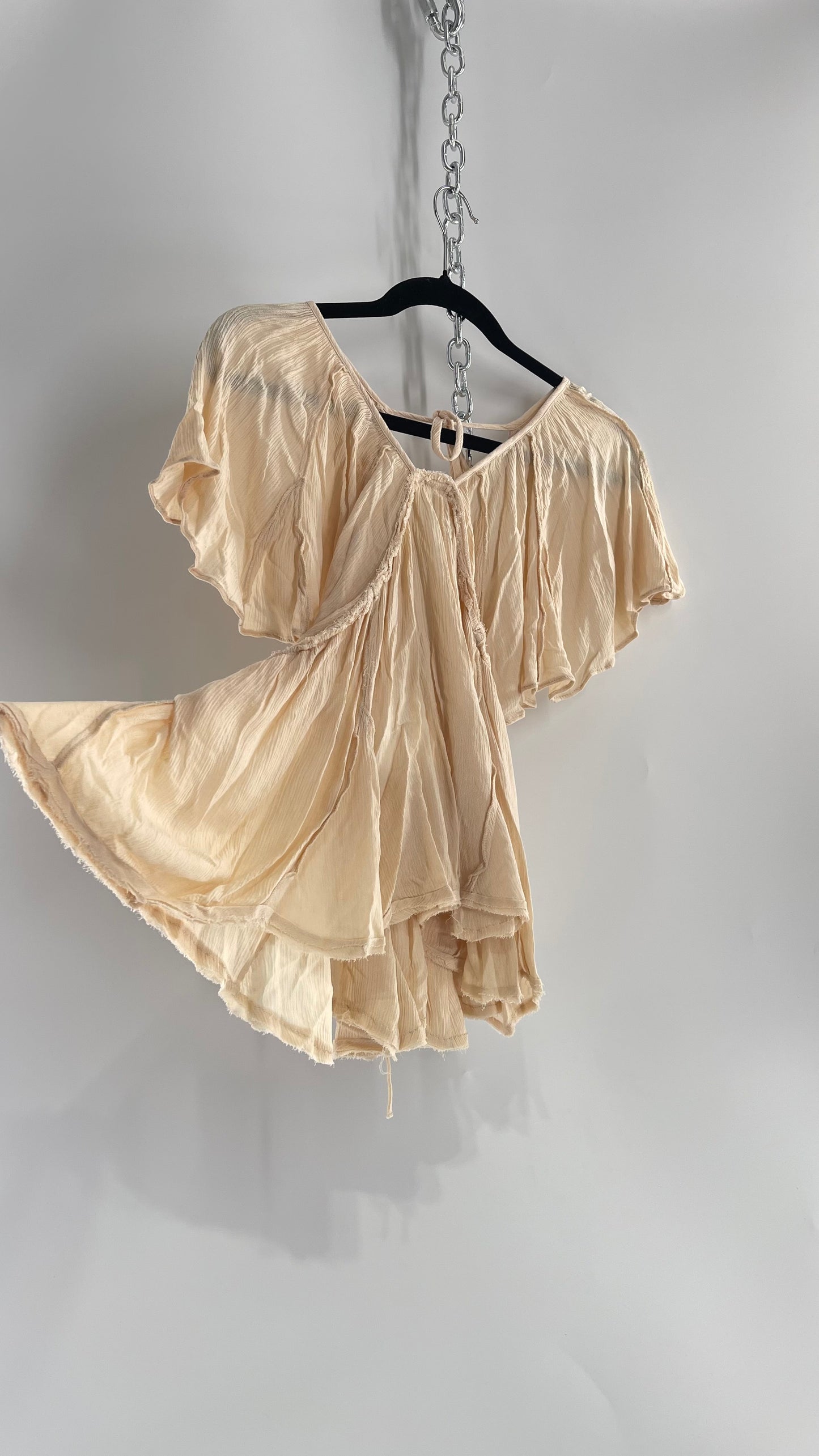 Free People Beige Open Back Drape Sleeve Blouse (XS)