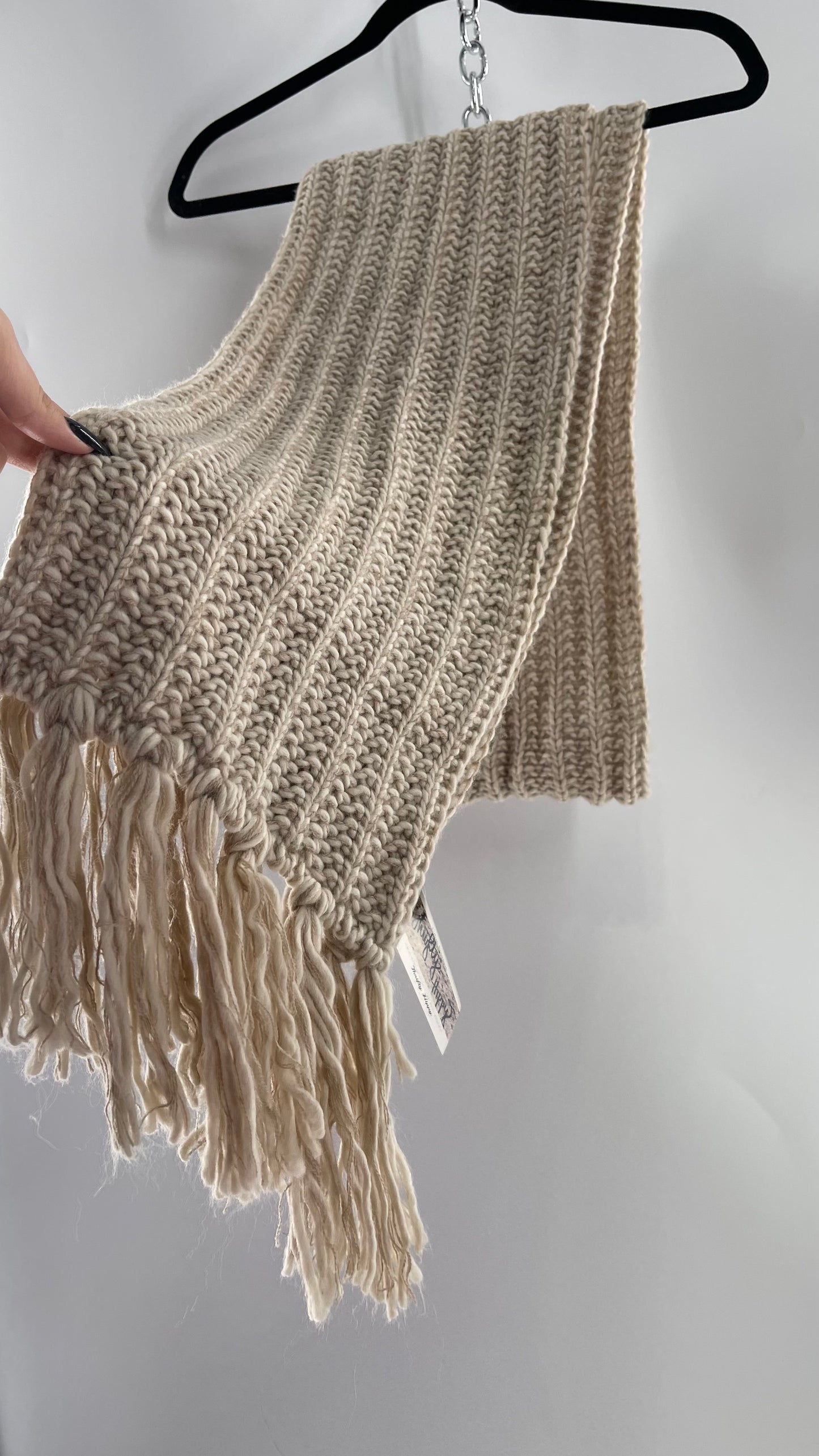 Beige Knit Skinny Scarf Ultra Long with Tassels