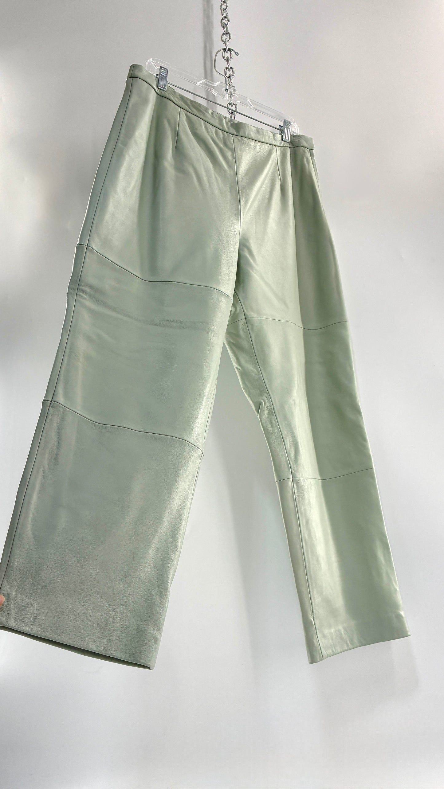 Vintage TERRY LEWIS Classic Luxuries Muted Seafoam, Genuine Leather Trousers with Silky Soft, Satin Lining (16P)