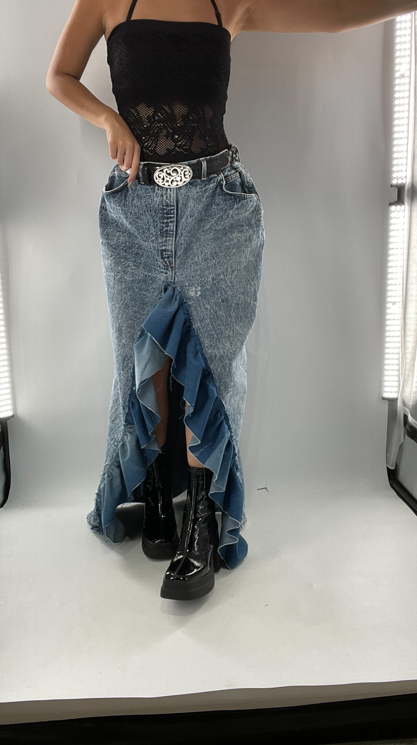 Custom Handmade Acid Wash Denim Slit Front Ruffled Skirt with Bow Bum (Large)