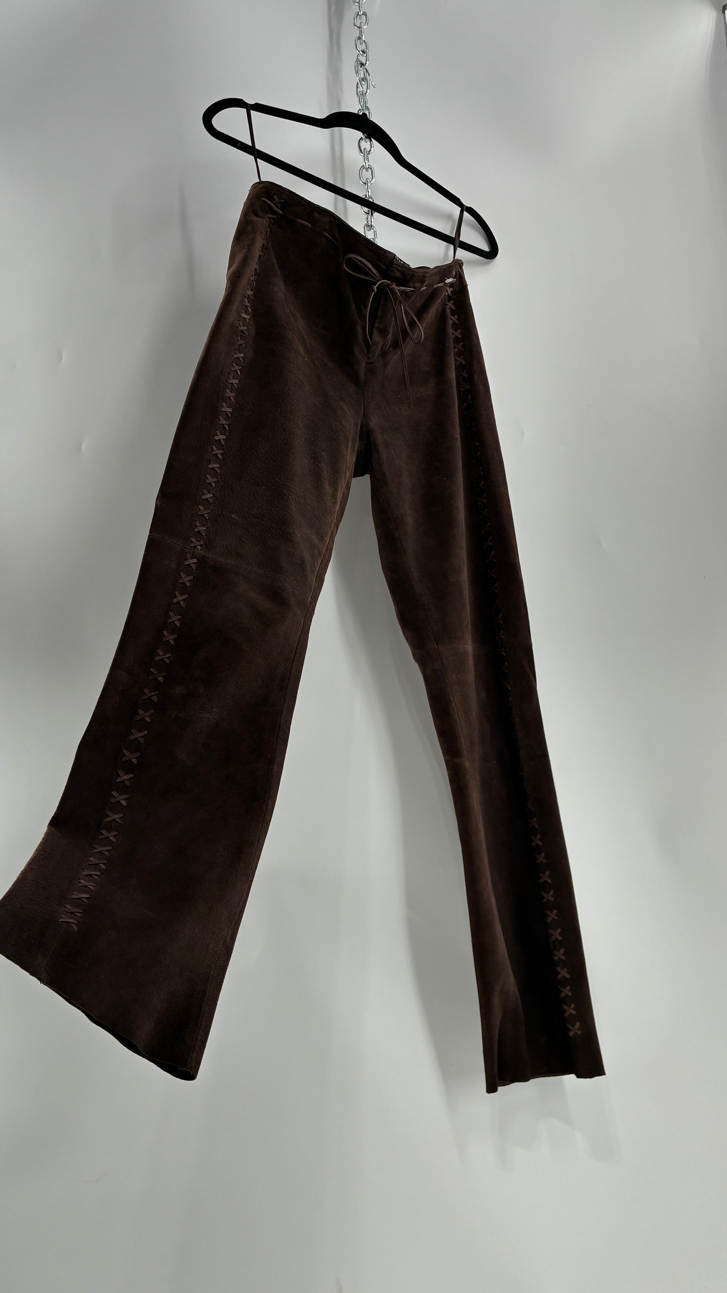Vintage FOR JOSEPH Low Rise, Chocolate Brown Suede Pants with Leather Stitch Sides and Bow Closure (28)