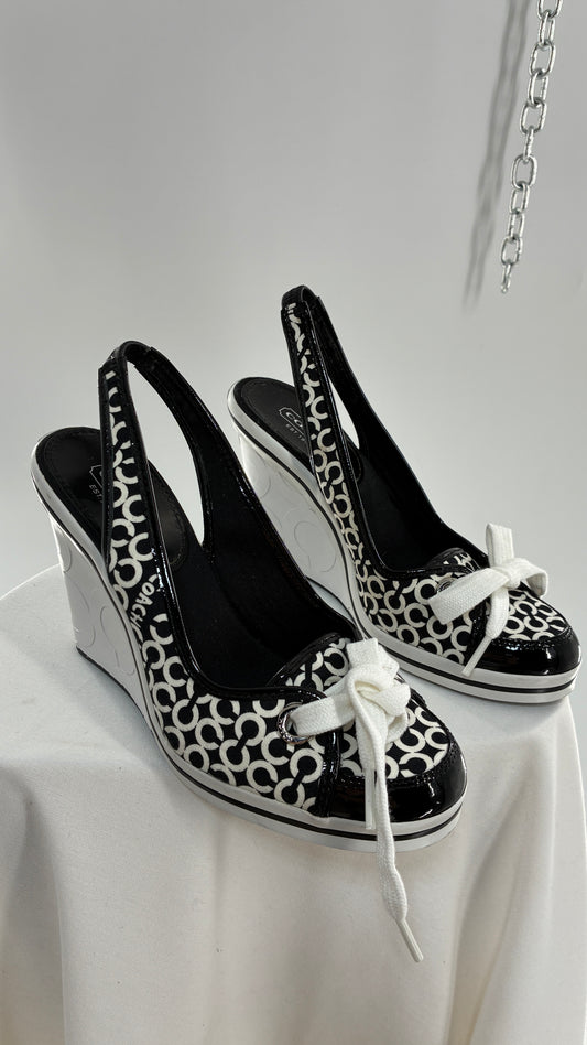 Vintage COACH Emilanna Black and White Monogram Wedge Sneaker Heel (7B)