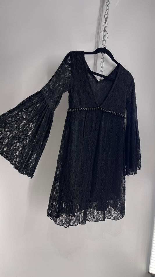 Vintage Black Lace Bell Sleeve Beaded Bust Babydoll Dress (Small)