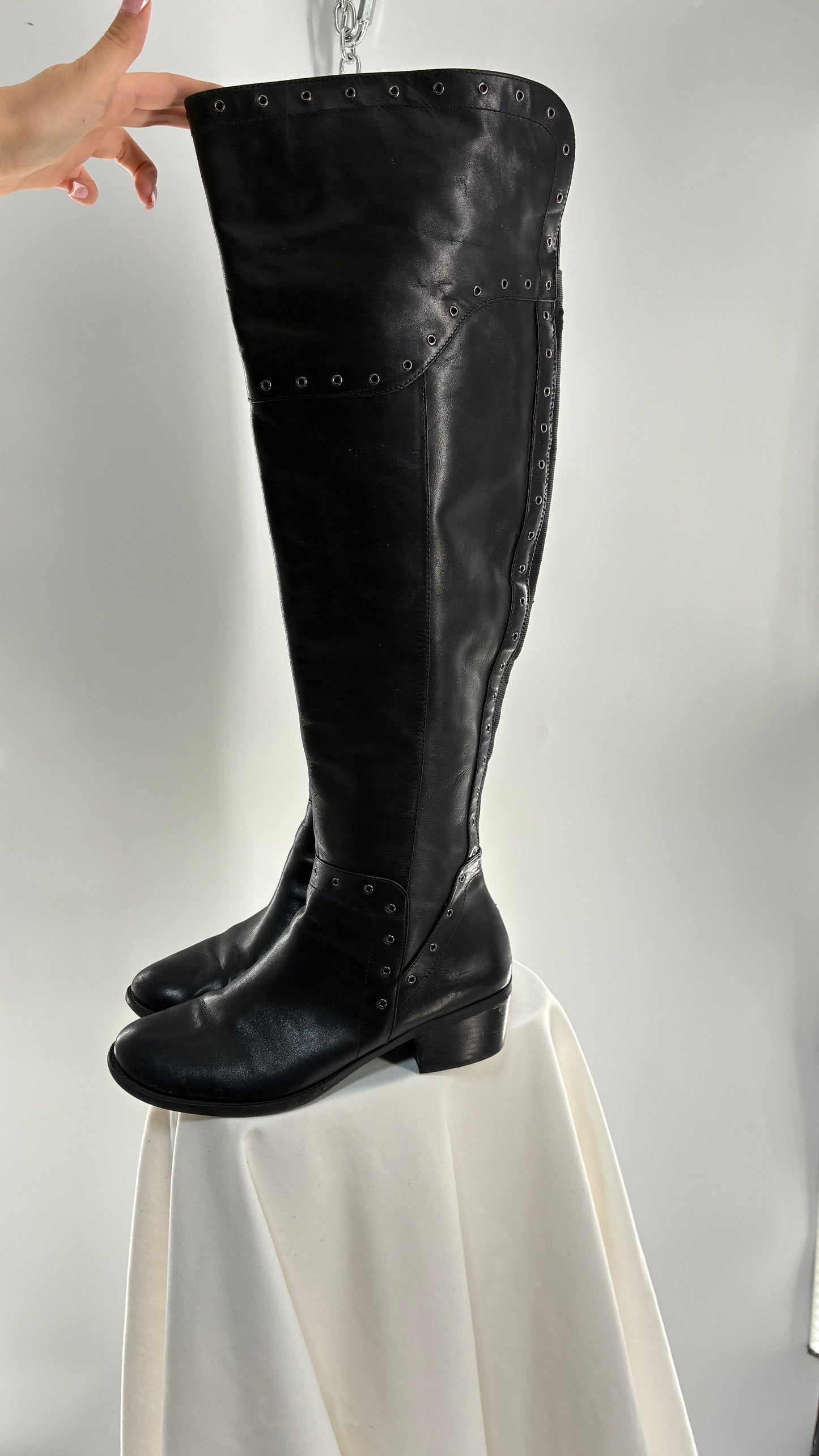 VINCE CAMUTO Genuine Leather Black Over the Knee, Thigh High Boots with Studding Details (11/41)