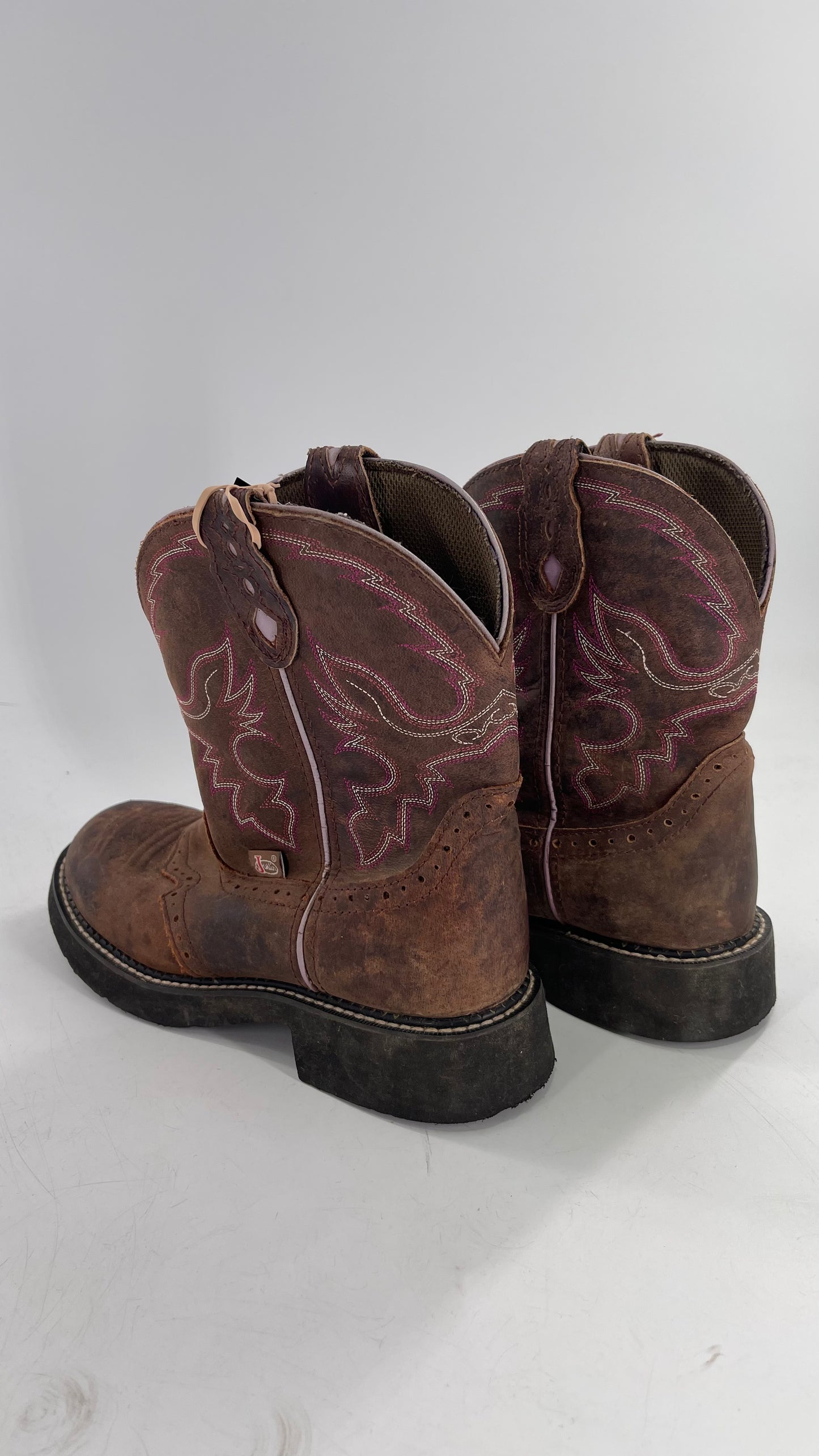 Justin Gypsy Edition Brown Leather Short Cowboy Boot with Pink Embroidery/Stitching (9)