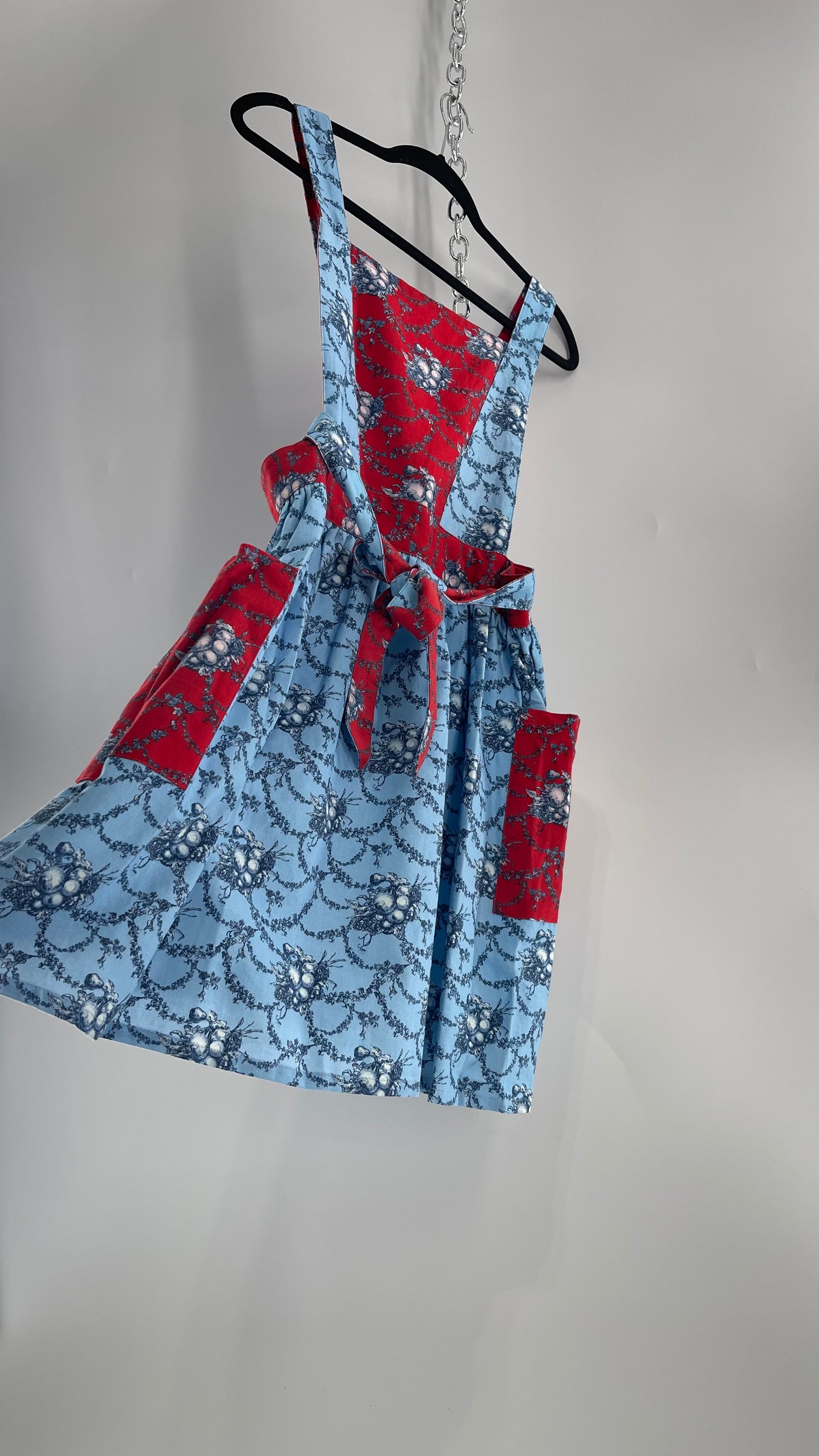 Vintage Apron Red and Baby Blue Floral/Citrus Patterned Mini Dress with Tie Around Bow (S\M)