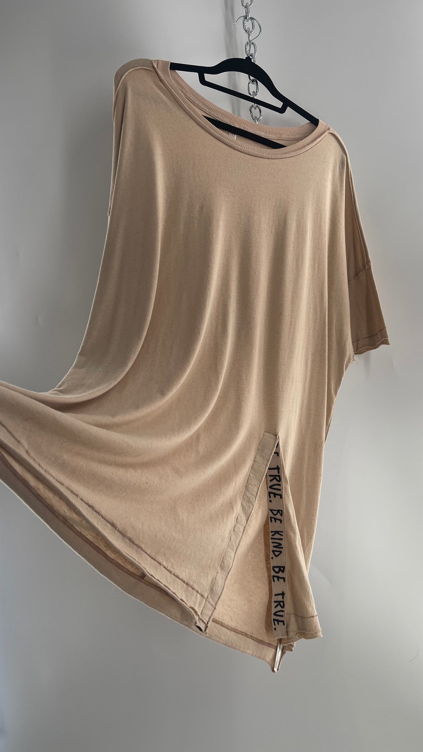 Free People Movement Oversized Light Beige Short  Sleeve T-Shirt with Slit Embroidered Detail (Size XS)