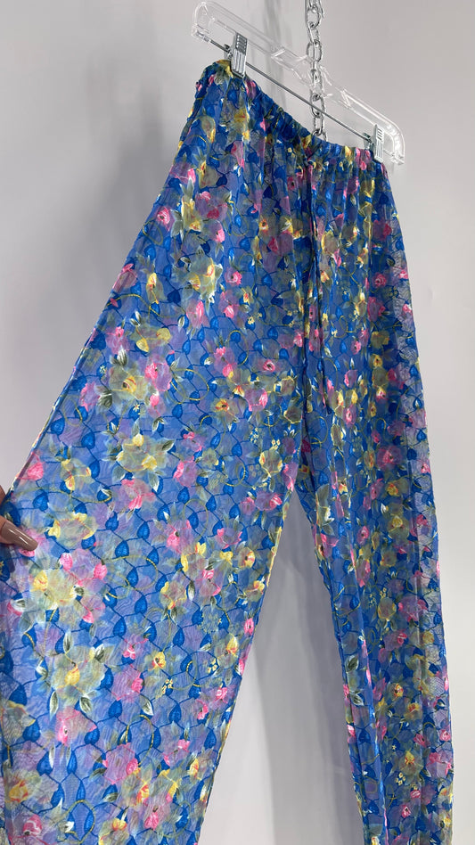 Vintage Classics Fun Pants Cover Up Blue, Embroidered Vines and Floral Graphic (Large)