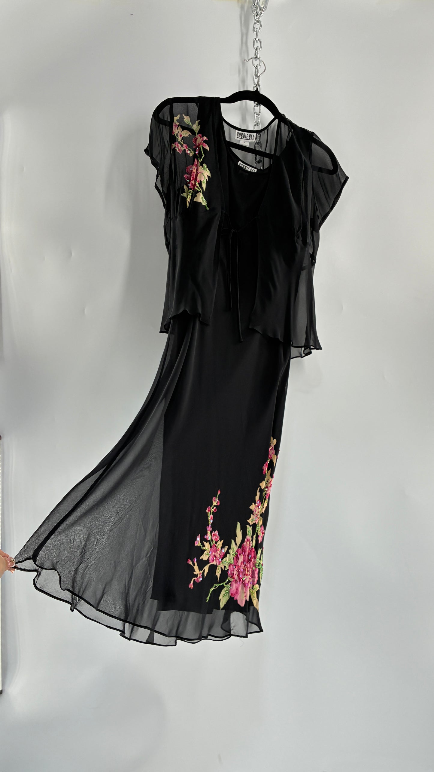 Vintage 1990s ROBBIE BEE 100% Silk Black Gown with Underbust Stitch and Matching Tie Bust Blouse (8)