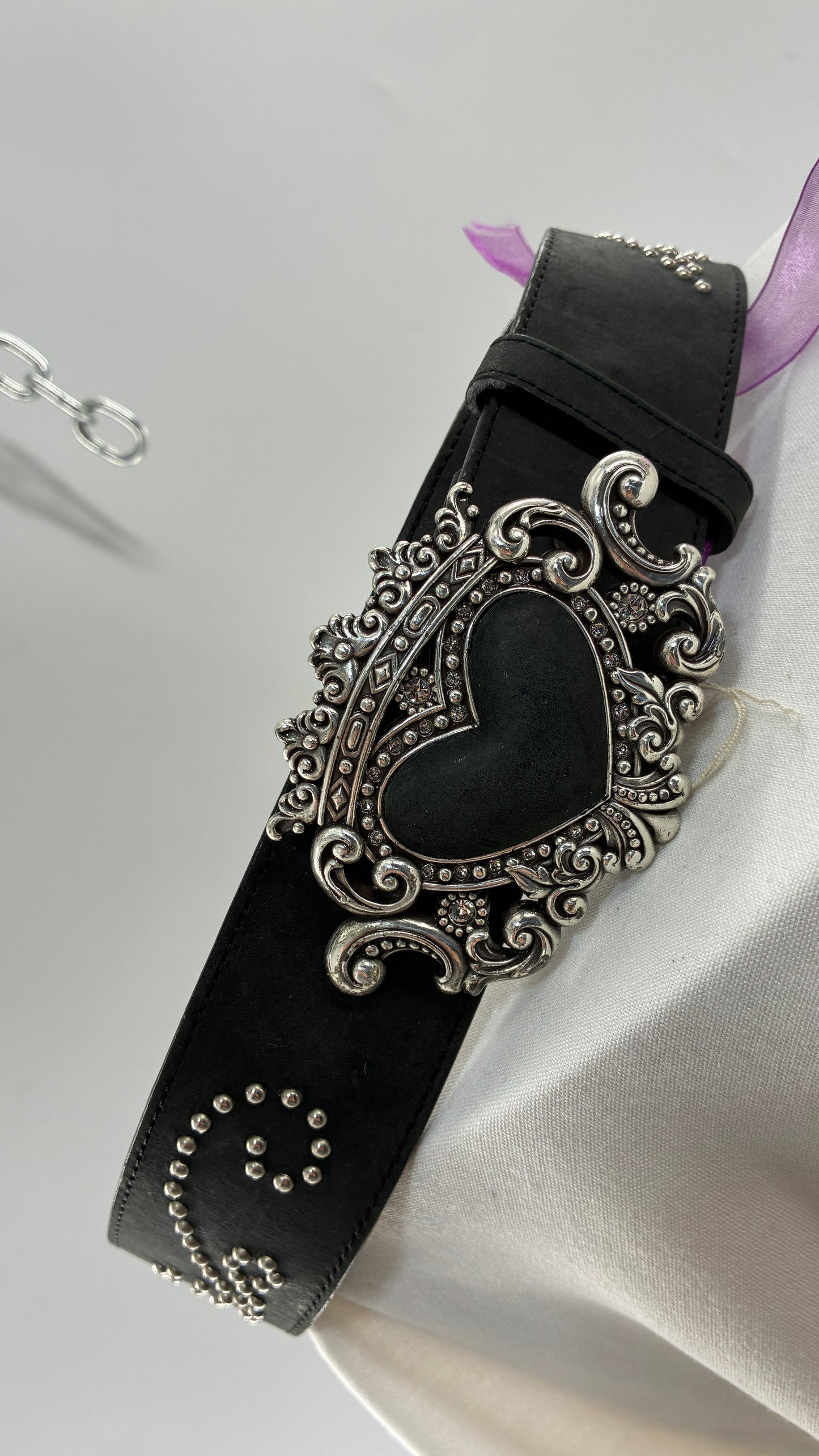 Extremely RARE Vintage BRIGHTON Genuine Leather Black Studded Belt with Crowned Heart Buckle (ML32)
