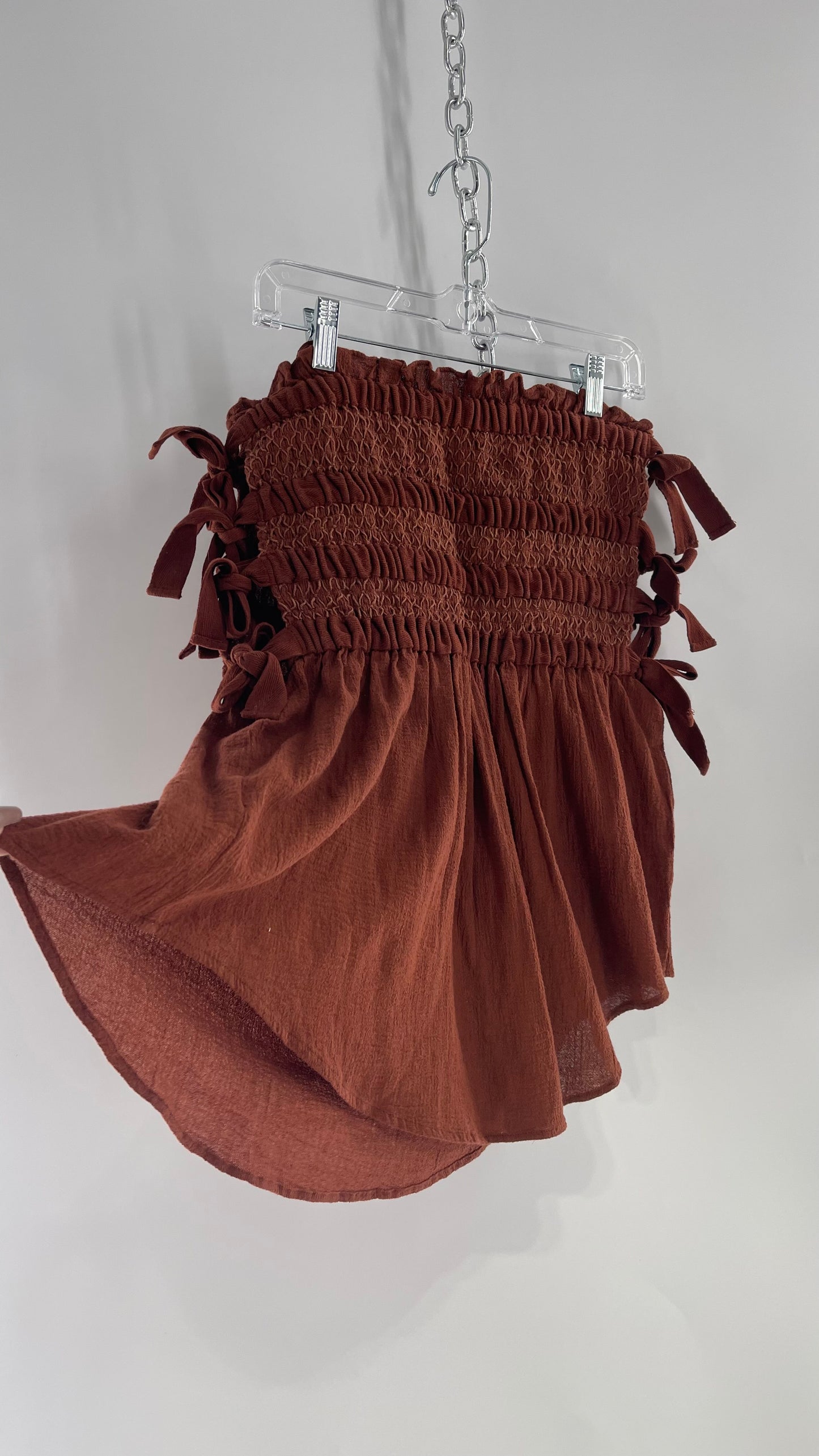 Free People Jen’s Pirate Booty Terracotta Brown Tie Side Ruched/Smocked Tube Tank with Tags Attached (Medium)