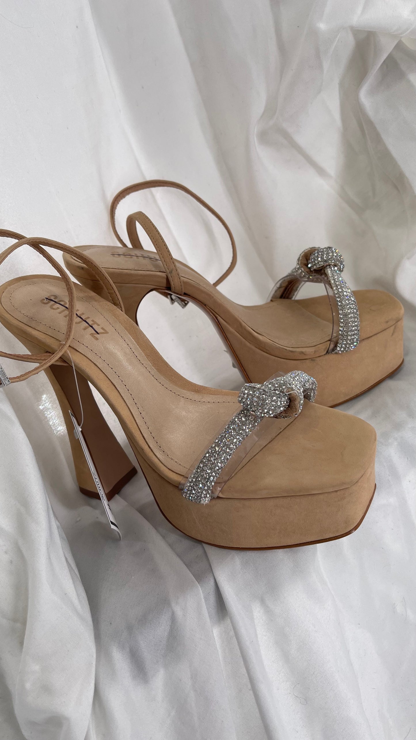 SCHÜTZ Peaky Beige/Tan/Nude Platform Heel with Funky Heel and Clear Knot Rhinestone Toe Strap (6)