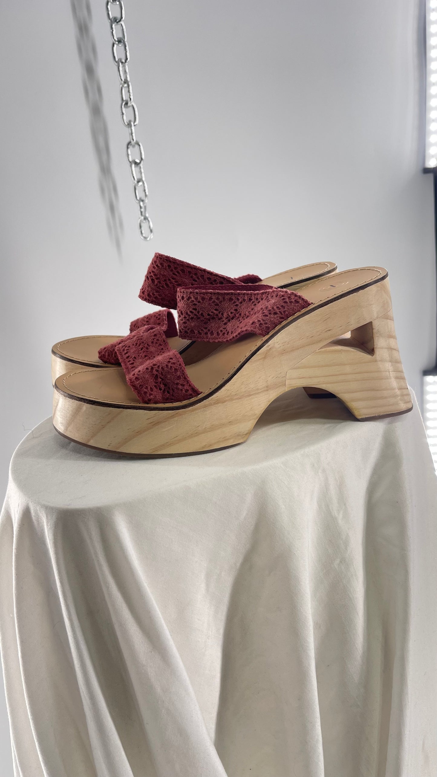 Urban Outfitters Wooden Clog with Leather and Lace Maroon Red Straps (6)