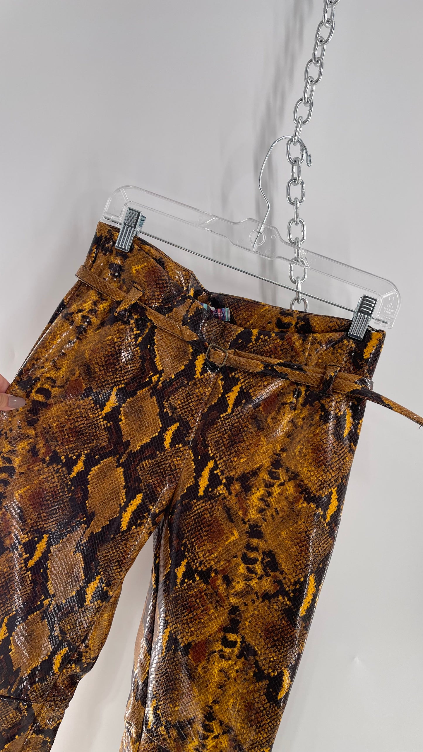 Urban Outfitters Leah Yellow Snake/Python Pattern Faux Leather Low Rise Belted Kick Flare Trouser (4)