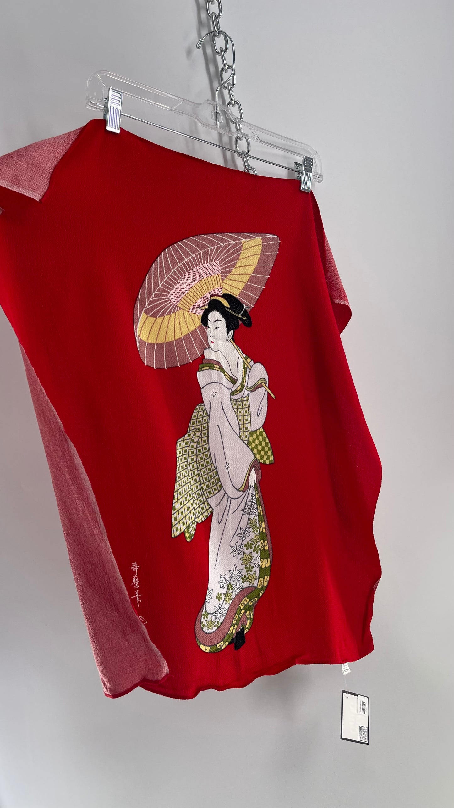 Vintage Rare Japanese Geisha Style Red Scarf