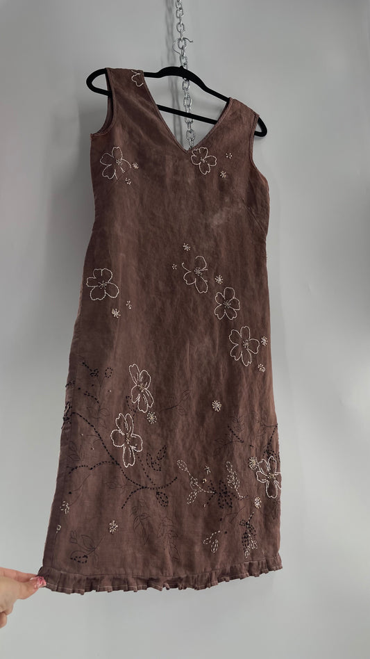 Vintage Willi Smith 100% Linen Dress with Embroidered Florals(10P)