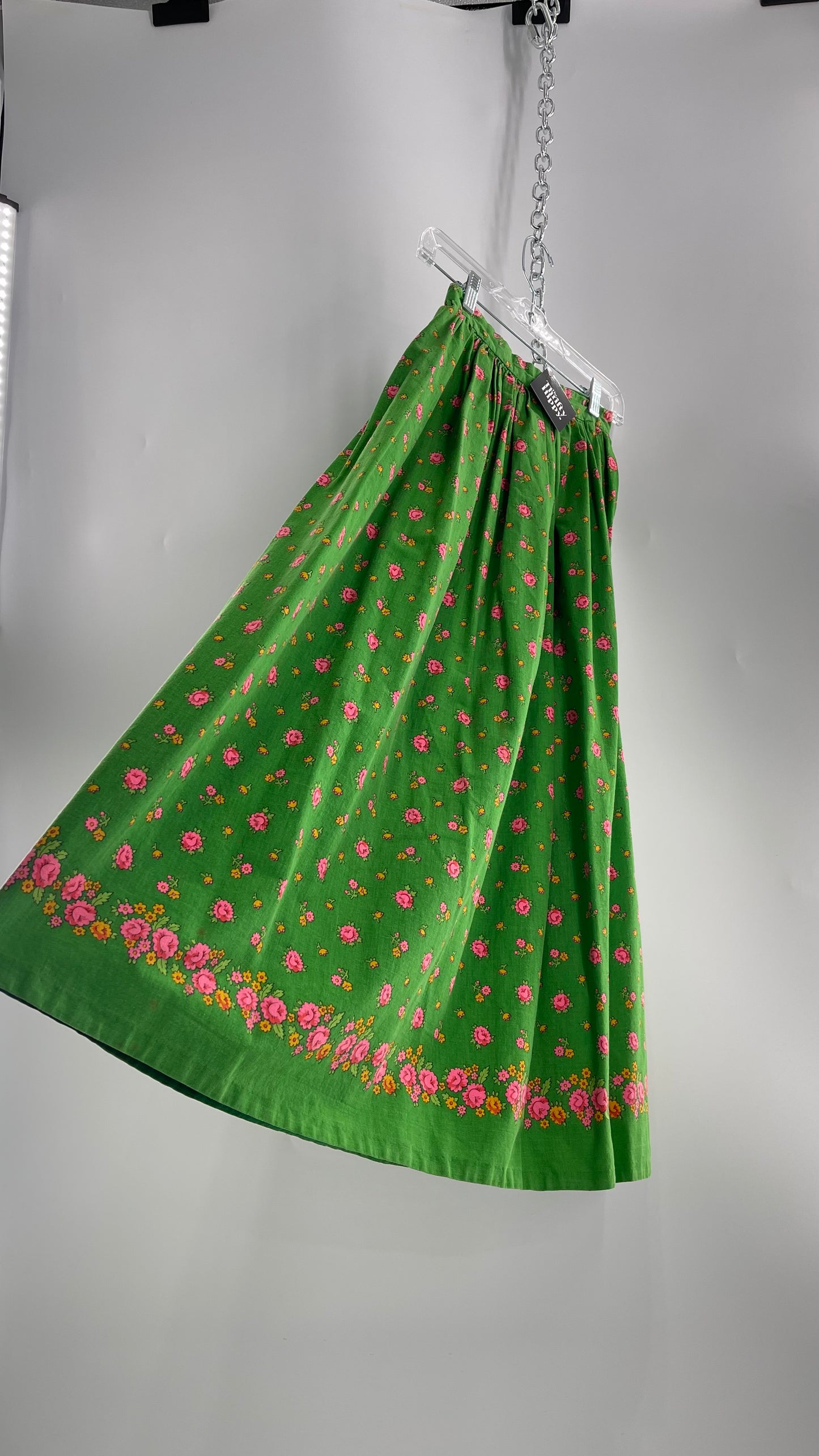 Vintage Imported Cotton Kelly Green Skirt with Pink Roses (XS)