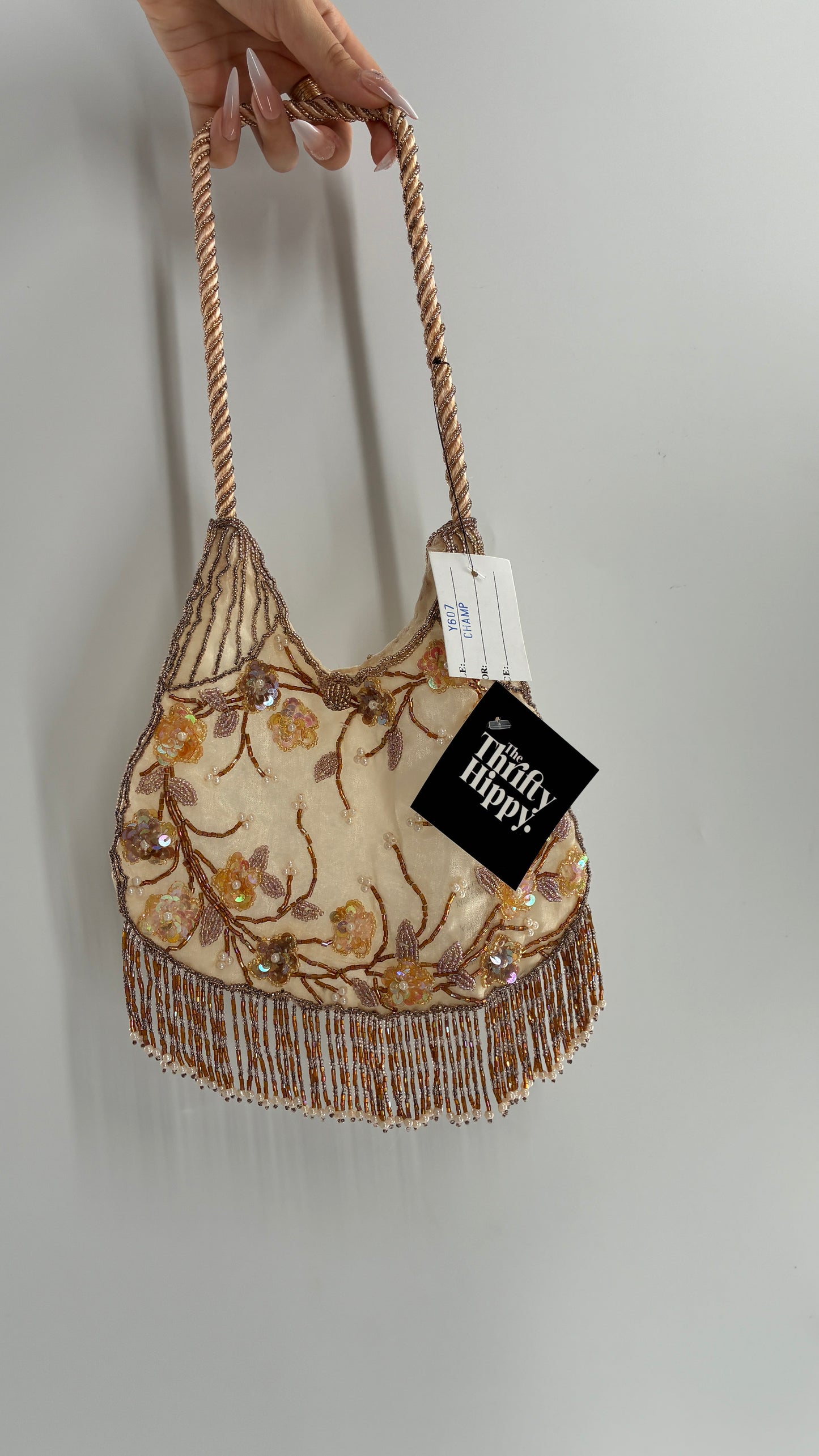 Vintage Deadstock Beige Beaded Fringe Purse with Embroidered Beaded Florals