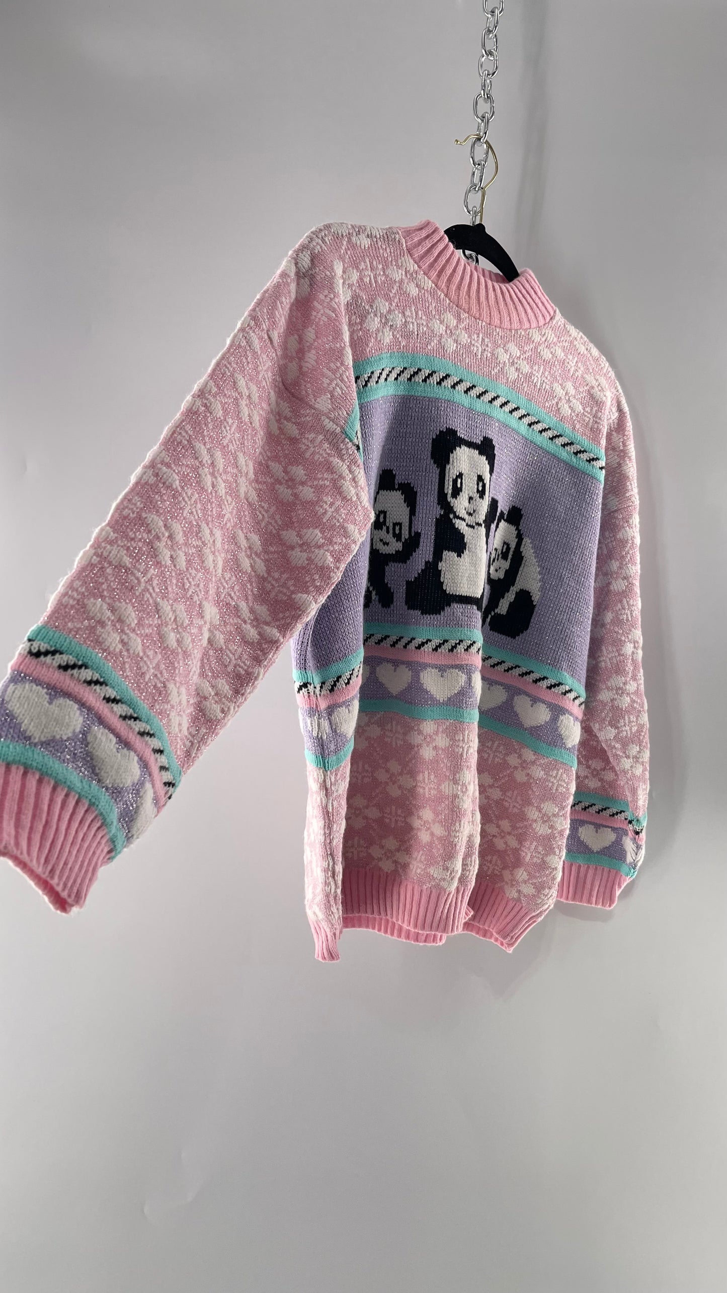 RARE 80s Vintage Adele Pastel Pink, Purple, Mint Silver Tinsel Sweater with Anime/Manga Art Style Pandas (Medium)