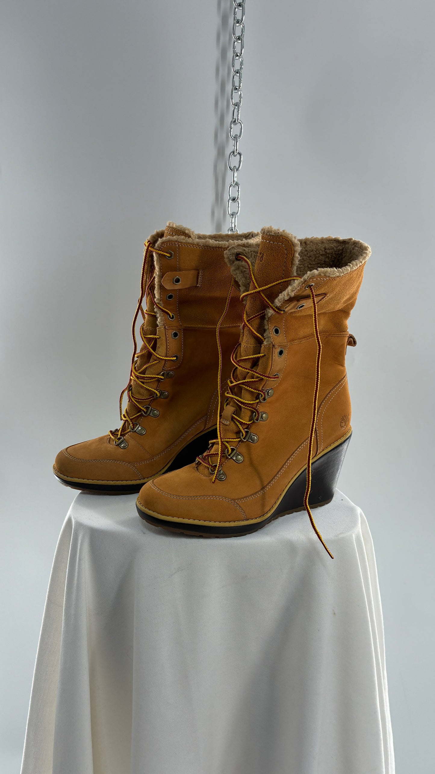 Vintage TIMBERLAND Wedge Boots Suede Leather Tie Up Heels (7.5)