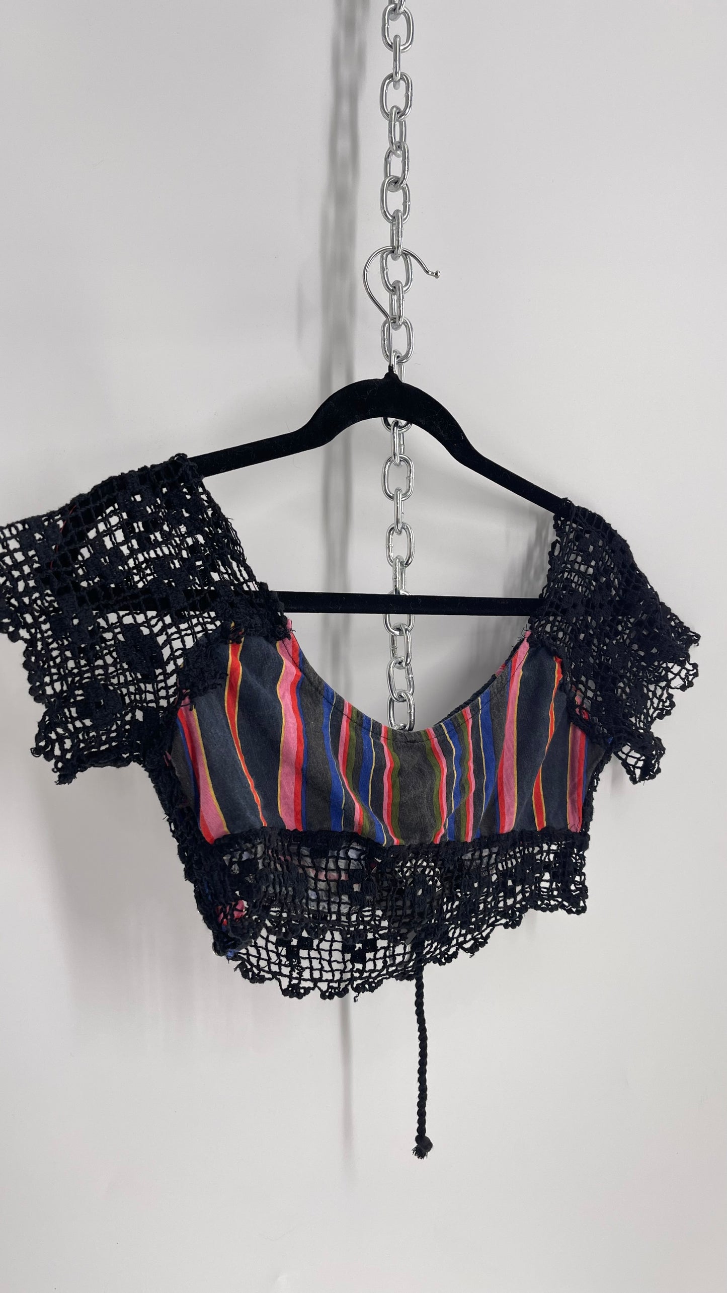 Free People Black Crochet Sleeve and Waistline Striped Bustier (XS)